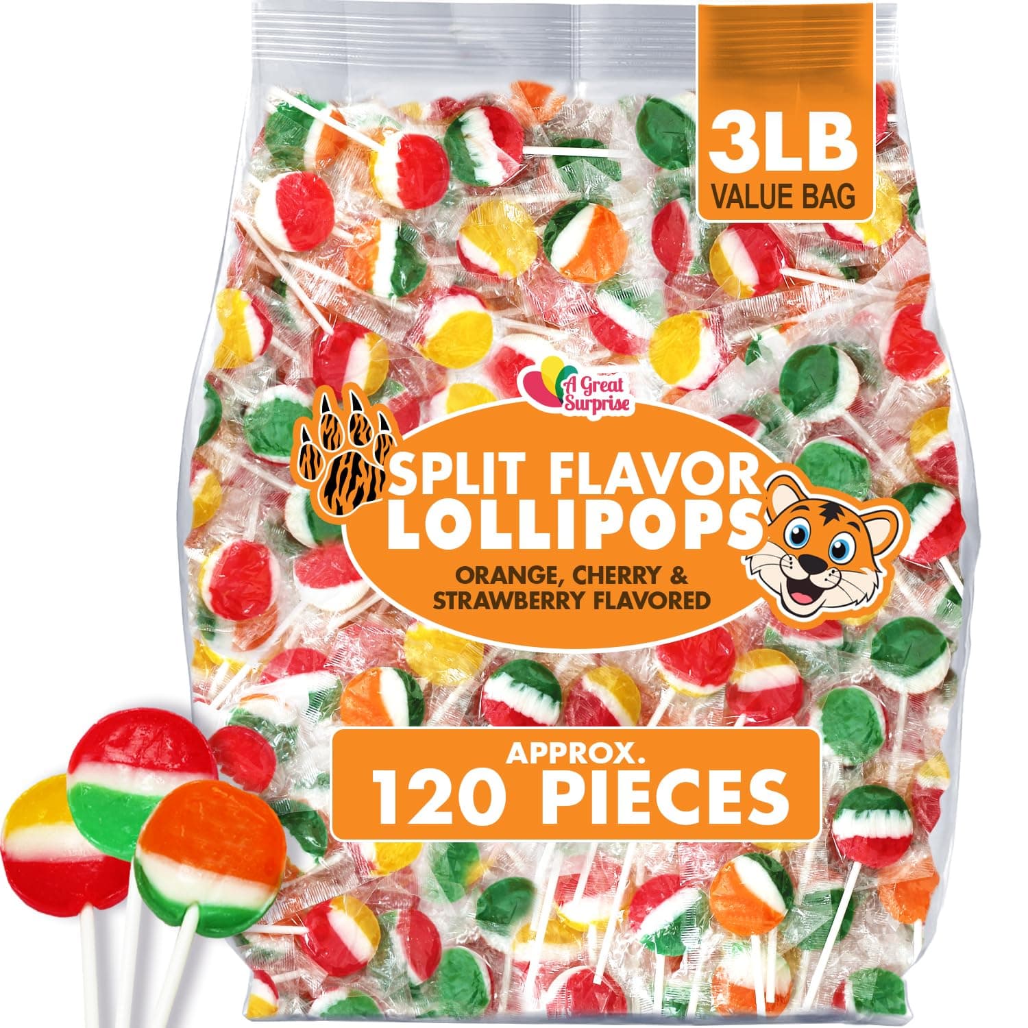Classic Split Flavor Lollipops - 3 Pounds - Individually Wrapped - Round Bulk Lollipops For Kids, Parties, Doctors Office, Schools