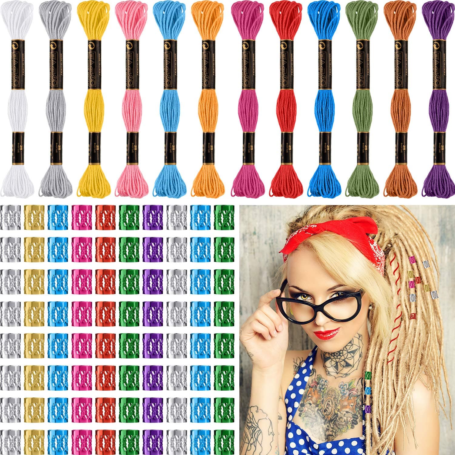 Willbond 162 Pieces Hair Accessory Set - 12 Braiding Strings and 150 Metal Cuffs in Colorful Designs, Hair Wrap String Kits for Braids, Thread Rope Tie(Multi Color)