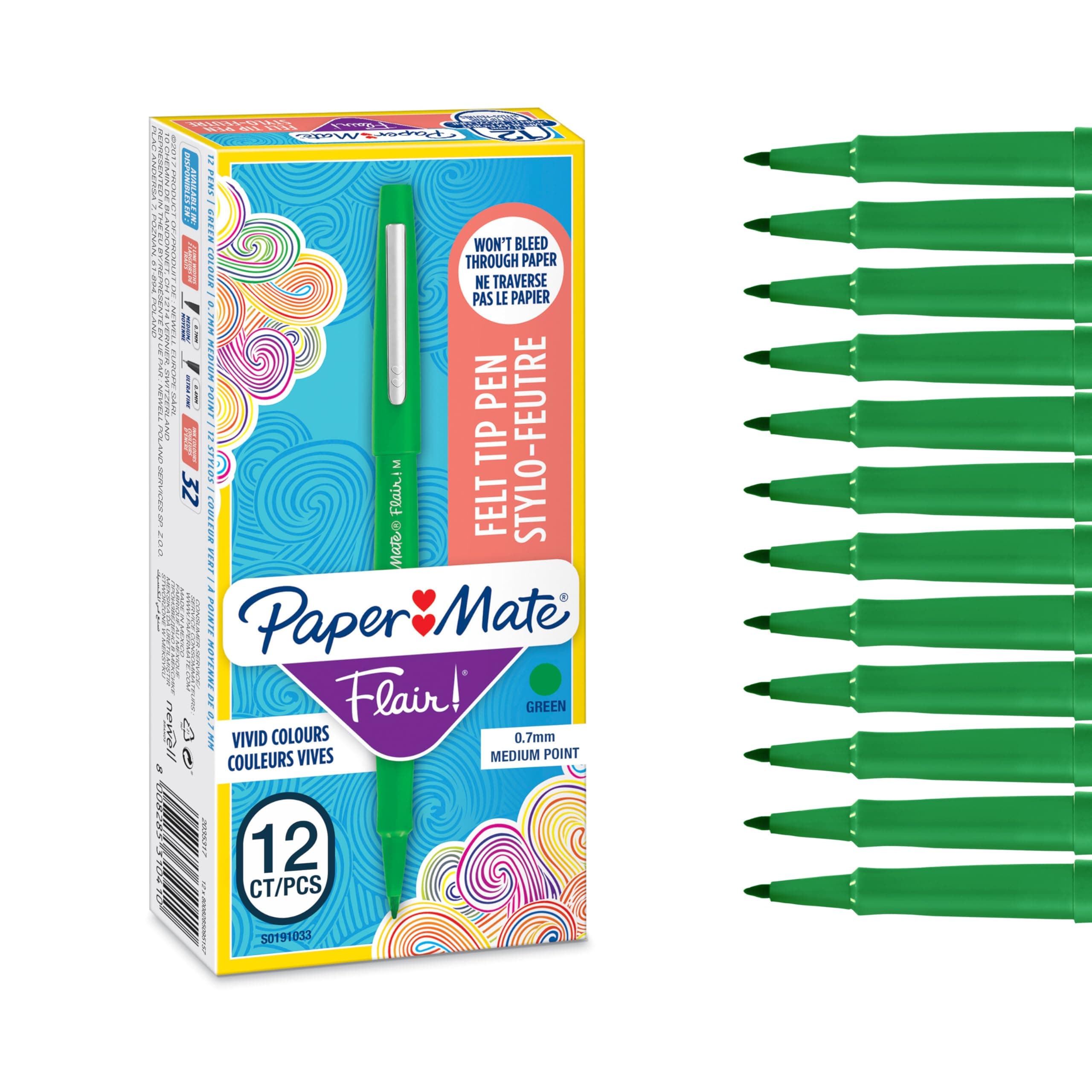 Paper Mate Flair Pen, 0.7 mm Medium Tip, Green, Box of 12