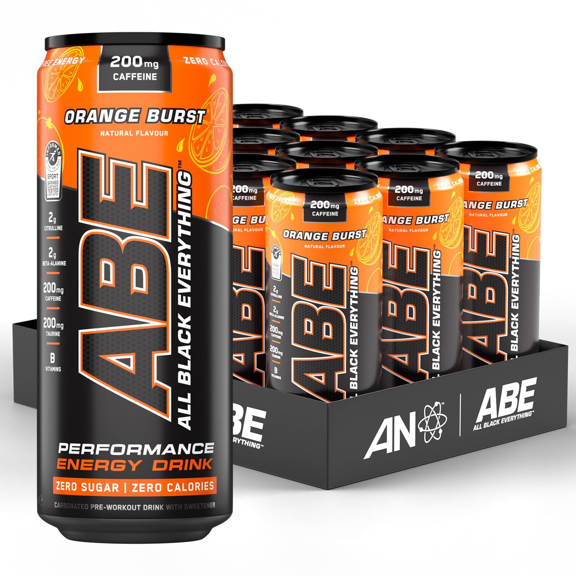 Applied Nutrition ABE Pre Workout Cans - All Black Everything Energy + Performance Drink, ABE Carbonated Beverage Sugar Free with Caffeine (Pack of 12 Cans x 330ml) (Orange Burst)