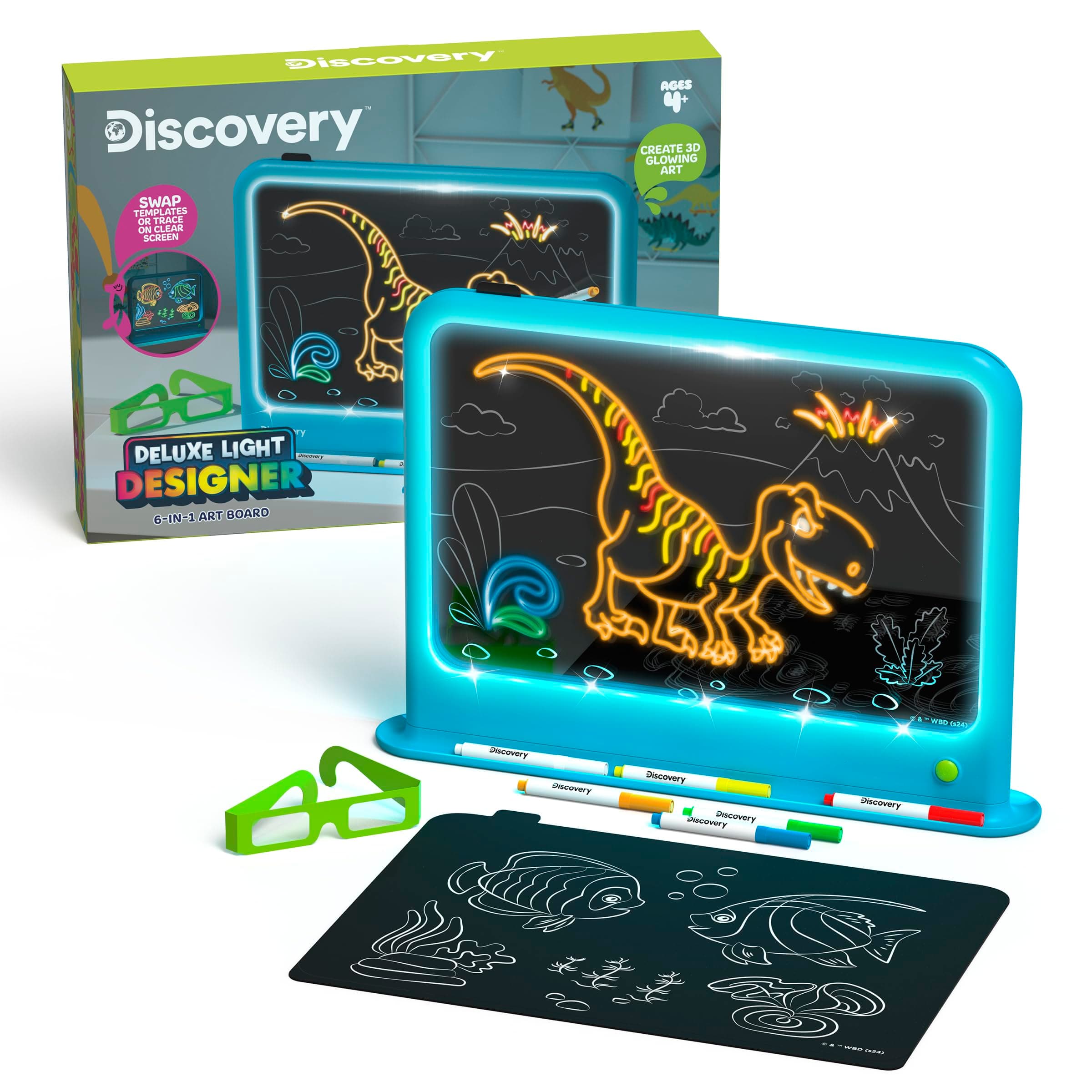 Deluxe Light Designer 6-in-1 Art Board, Includes 3D Glasses, 6 Markers, and Templates, 12 Light Modes