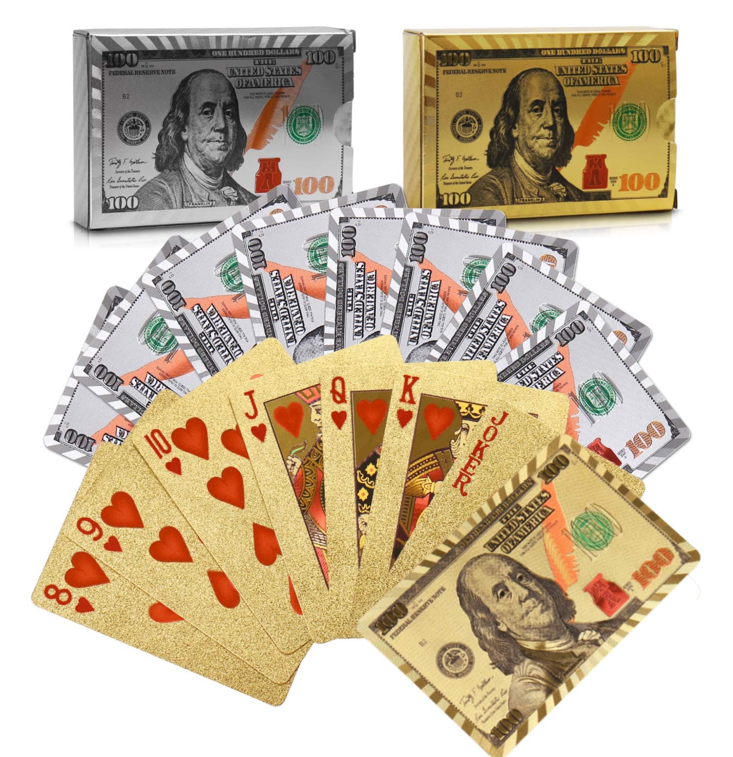 Joyoldelf2 Decks Playing Cards, Waterproof Poker with Dollar Pattern in Gift Box, 1 Gold + 1 Silver
