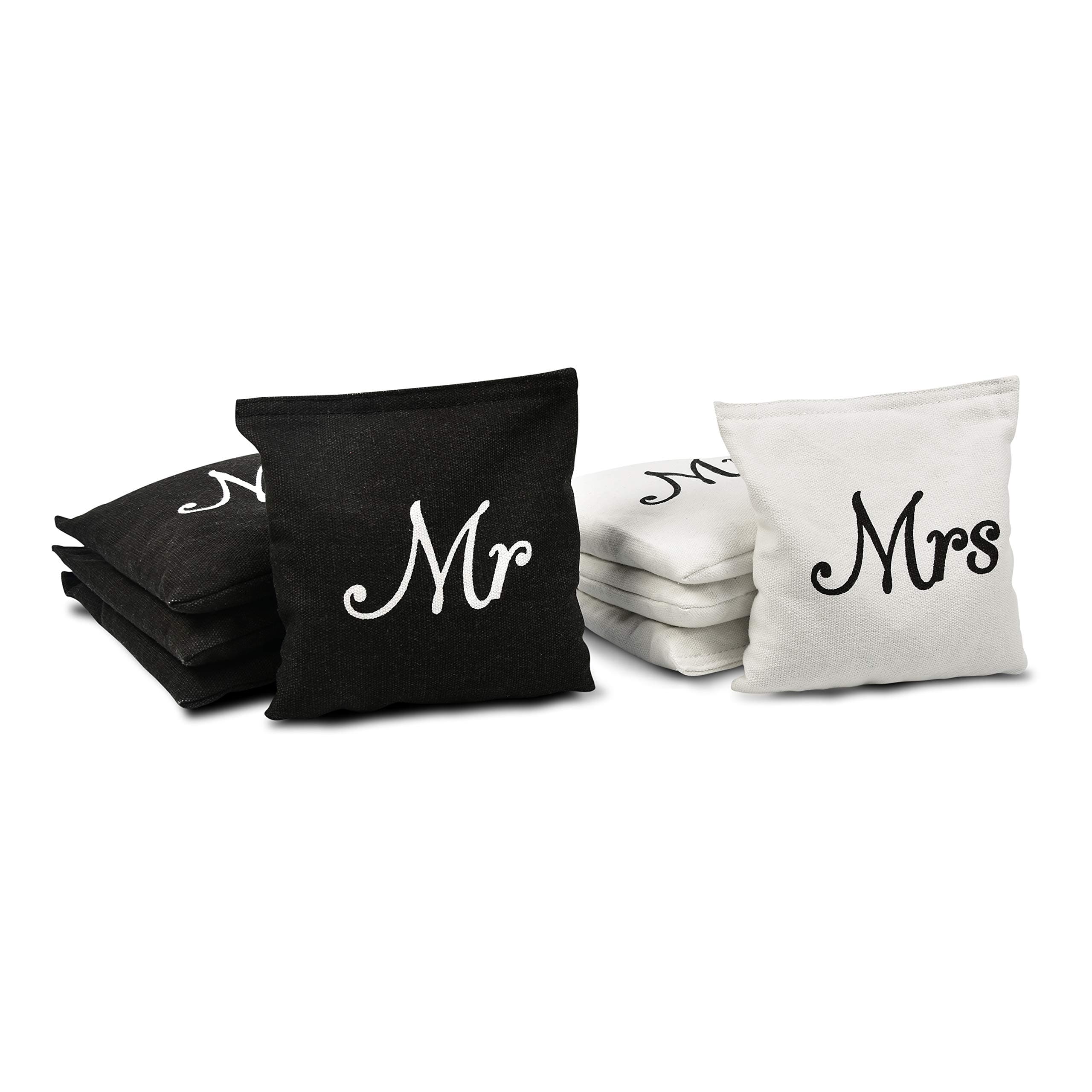 Wedding Theme Cornhole Bag Set - Includes 4 Black Mr Bags and 4 White Mrs Bags