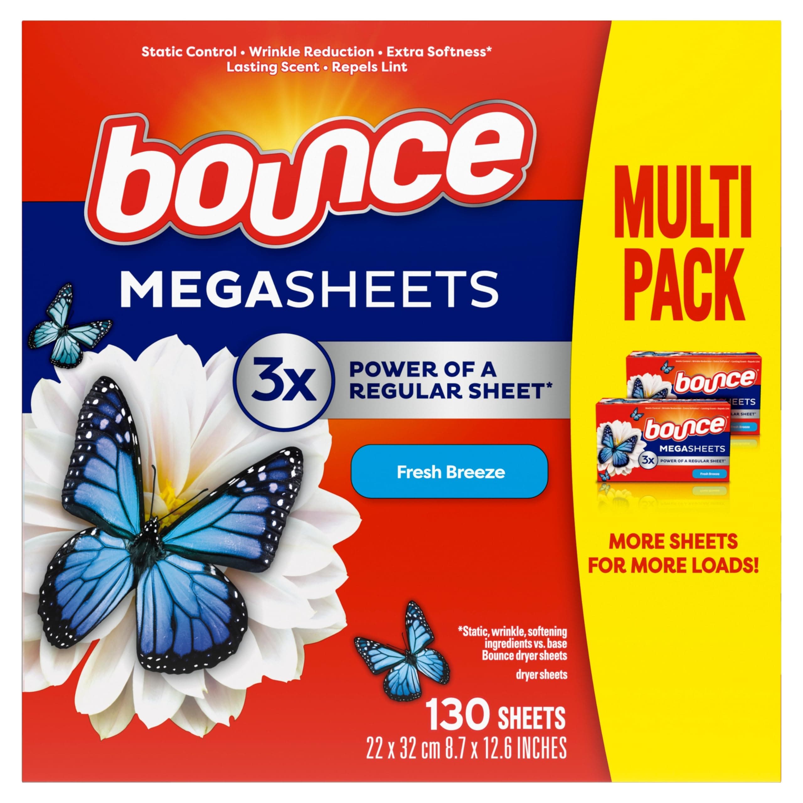 Bounce Mega Dryer Sheets, Fresh Breeze, 130 Count, Mega Fabric Softener Sheets with Static Control, Wrinkle Reduction, Extra Softness, Lasting Scent, Repels Lint