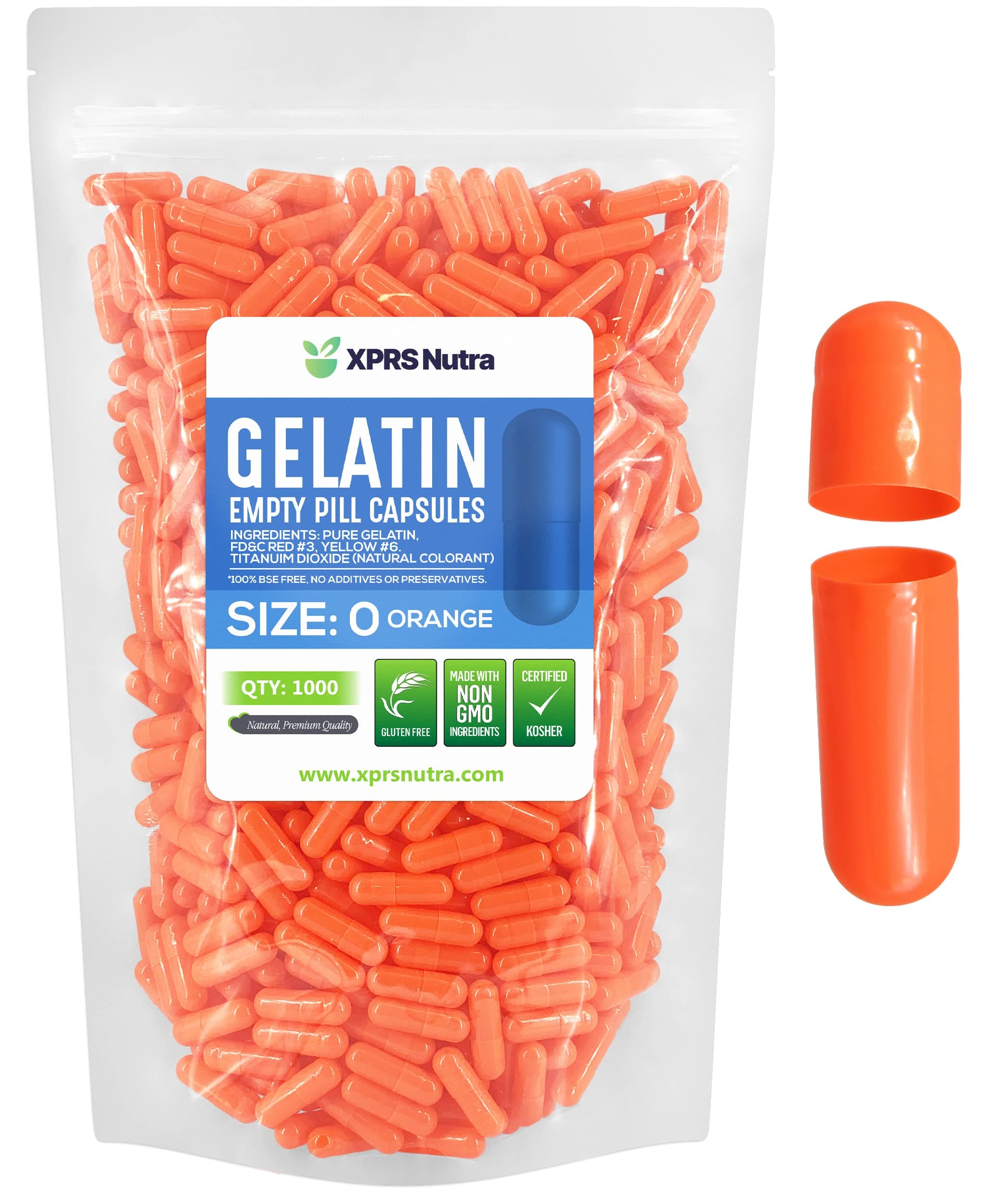 XPRS Nutra Size 0 Empty Capsules - 1000 Count Empty Gelatin Capsules - Pills DIY Capsule Filling - Pure Bovine Pill Gel Caps for Do-It-Yourself Supplements (Orange)