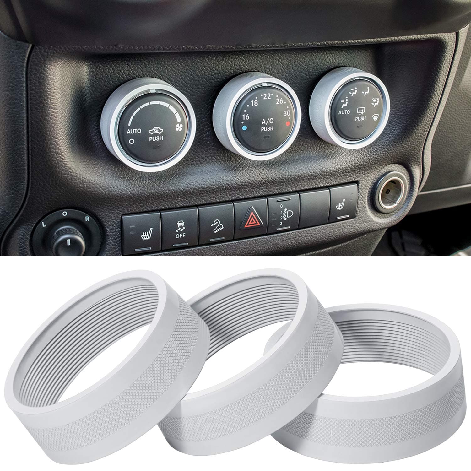 Audio Air Conditioning Button Cover Decoration Twist Switch Ring Trim for Jeep Wrangler JK JKU Patriot 2011-2018, Compass 11-16, Liberty 08-12, Dodge Challenger 08-14 Interior Accessories (White)