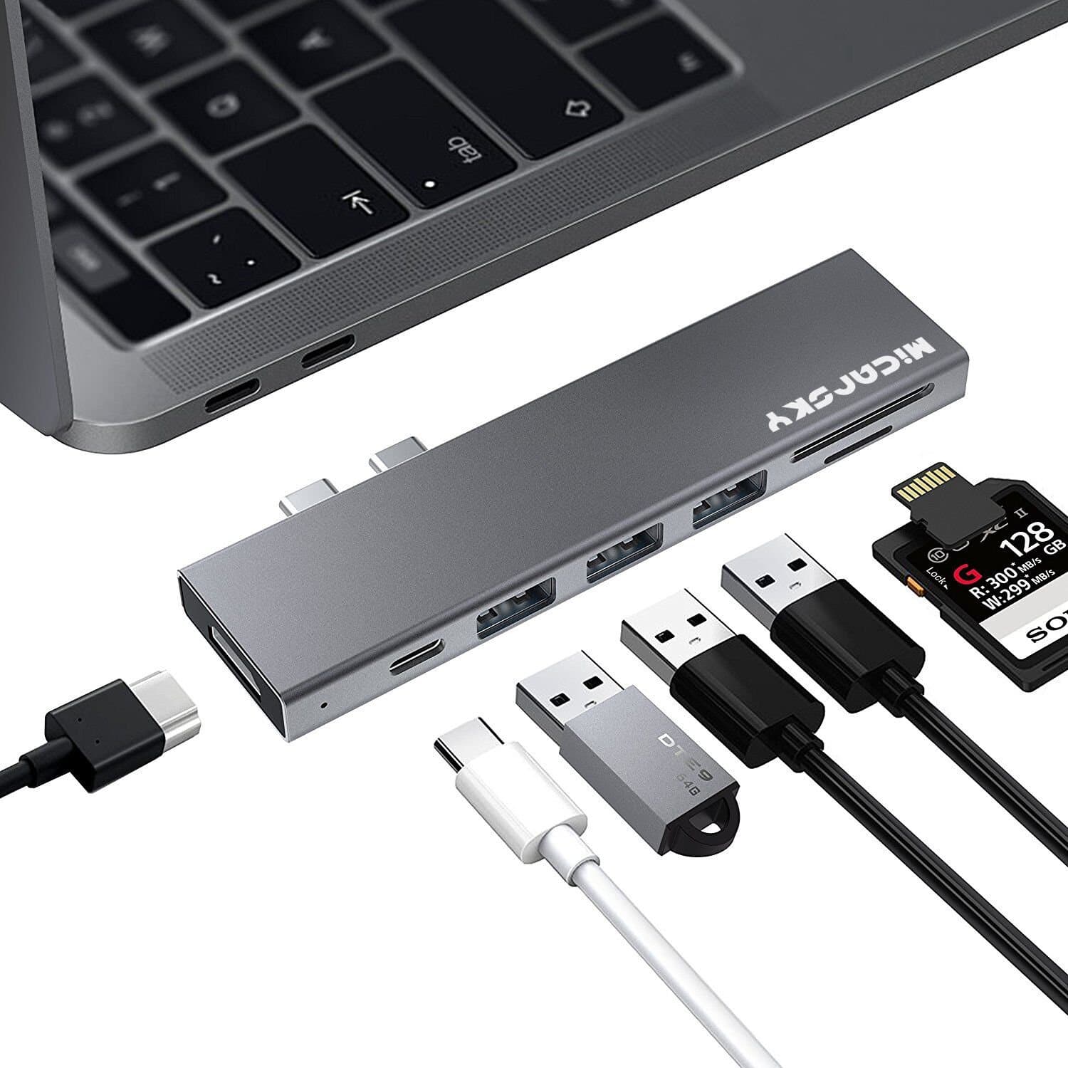 USB C Hub for MacBook Pro 2018, MICARSKY 7 in 1 Aluminum Type C Hub MacBook 2017/2016 Adapter Thunderbolt 3 Port, 4k HDMI, 3 USB 3.0 Ports, Pass-Through Charging, SD/Micro SD Card Reader