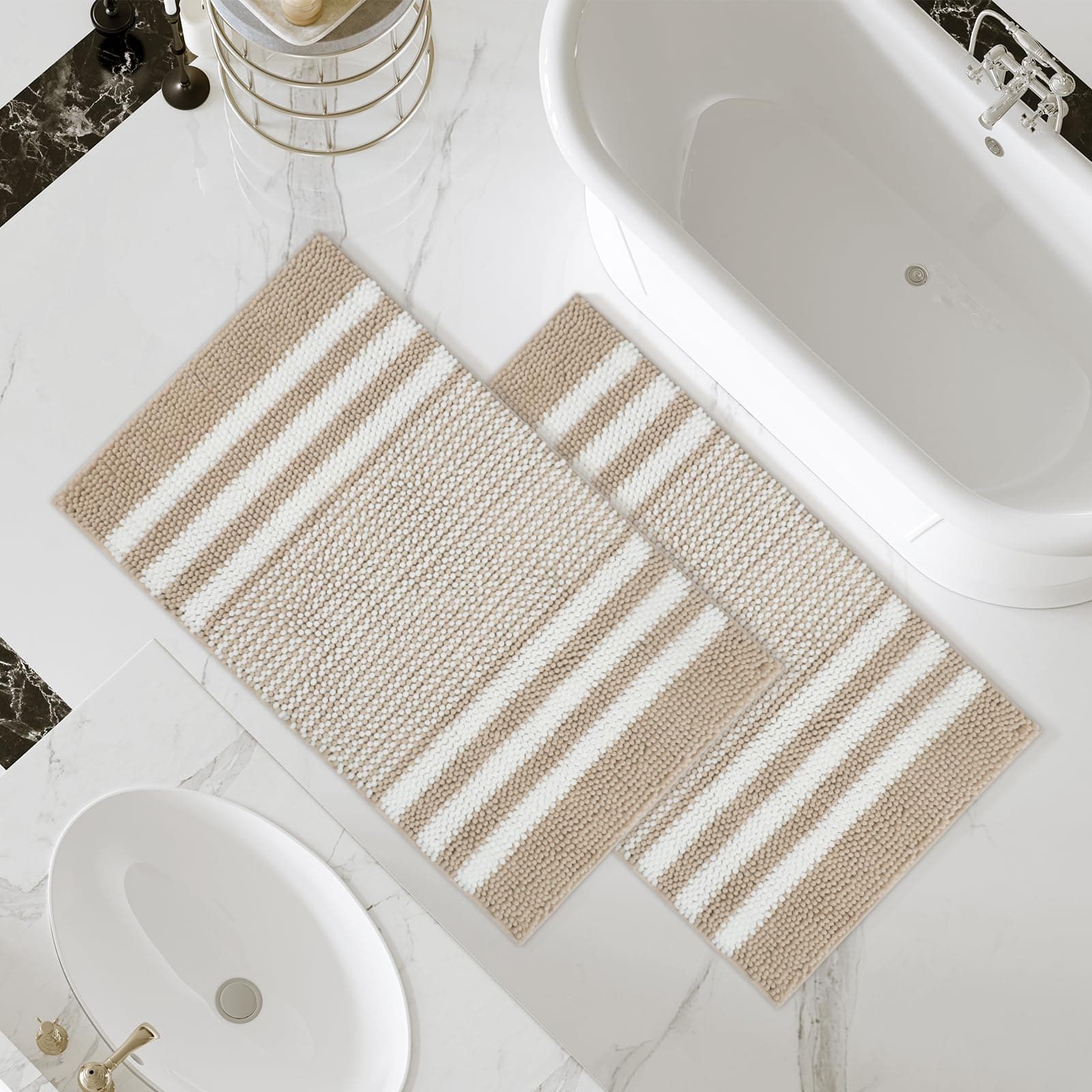 Bathroom Rugs Set 2 Piece, Extra Soft and Absorbent Fluffy Striped Chenille Bath Mat Rug Set, Non Slip Bathroom Floor Mat, Machine Washable (20" x 32" Plus 20" x 32", Khaki)