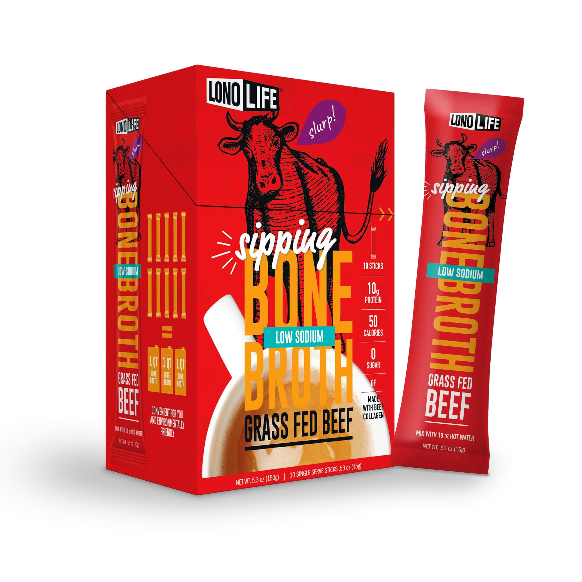 LonoLife Low Sodium Beef Bone Broth Powder Mix | Grass-Fed, 10g Protein | Collagen-Rich, Keto & Paleo Friendly | Natural Ingredients | 10 Portable Stick Pack Servings