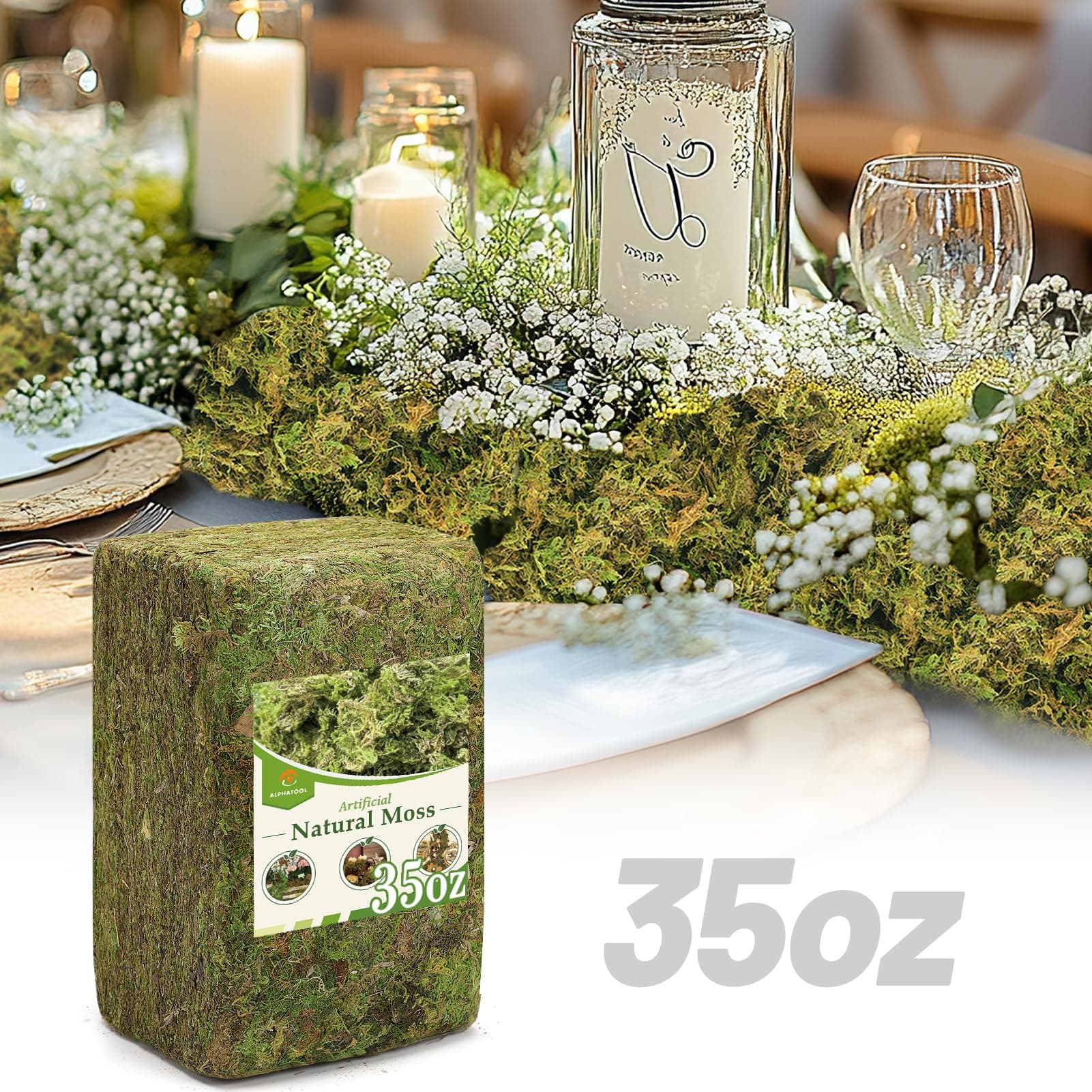 Alphatool 35oz Jumbo Pack Natural Green Moss for Crafts - Bulk Moss for Plants Indoor, Artificial Fairy Gardens, Mosswall, Filling Fake Plants, Floral Design, Home Decoration, Professional DIY Use