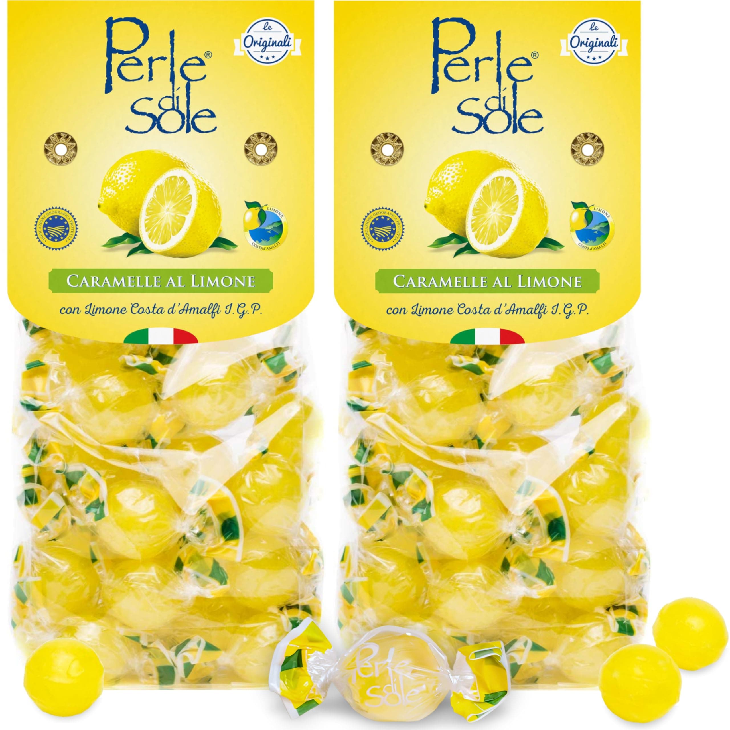 Perle di Sole Lemon Drops - Hard Candy Made with Essential Oils of Amalfi Coast P.G.I. Lemon - Pack of 2 (7.05 oz | 200 g) Italian Gifts from Italy
