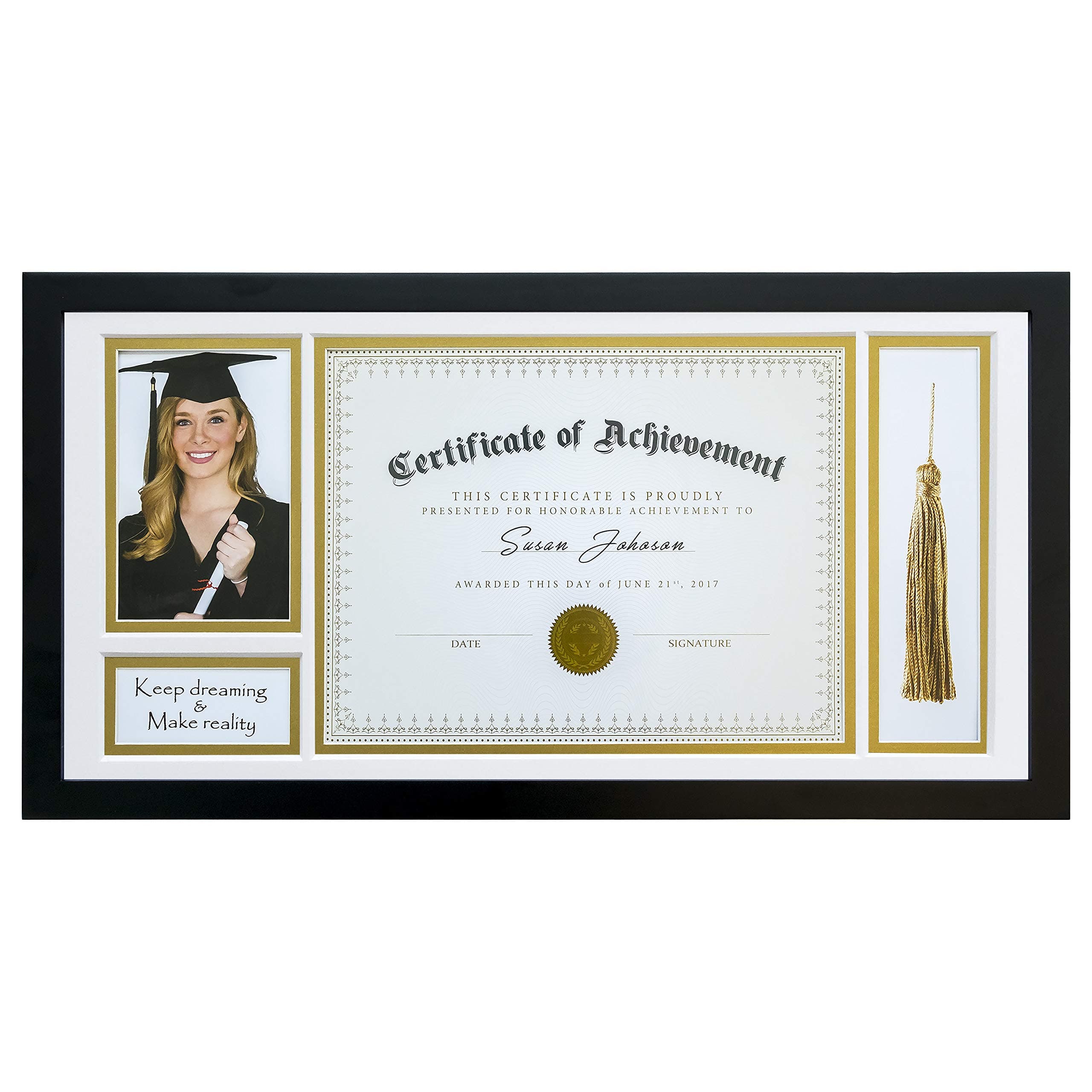 The Display Guys 10x20 Document/Certificate Shadow Box Frame for Diploma Tassel, Solid Pine Wood & Real Tempered Glass w. Double Gold & White Mat