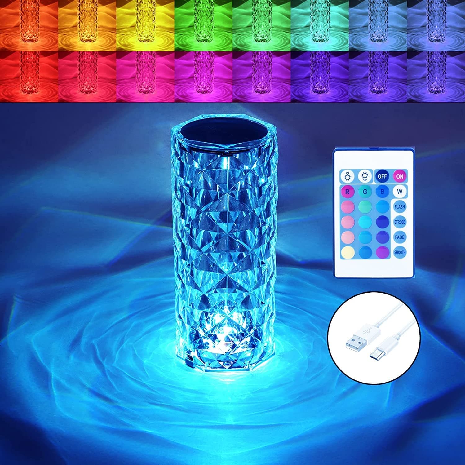 JD FRESH Crystal Lamp Light/16 Color Changing Diamond Shape Table Lamp/USB C Rechargeable Night Lamps/Touch with Remote Control for Bedroom/Living Room/Party-Dinner/Home Decor(Multicolor/1 Piece), LED