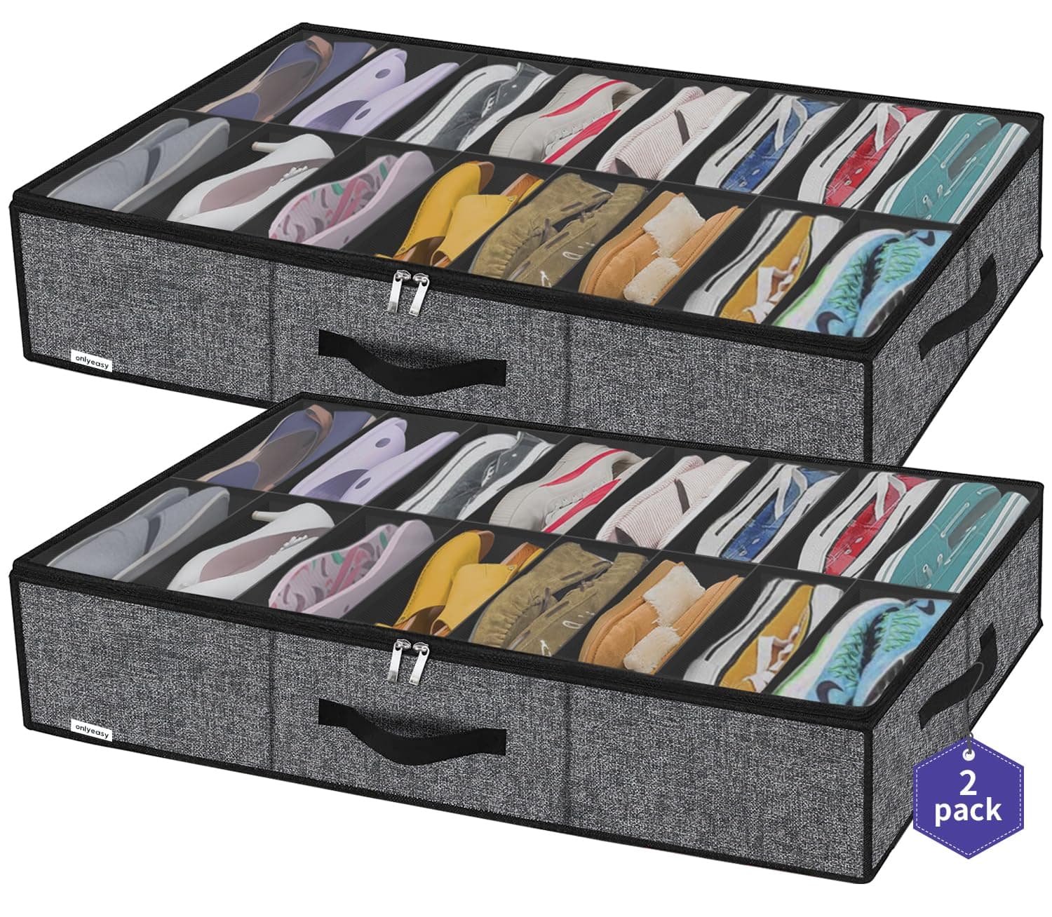 Onlyeasy Sturdy Under Bed Shoe Storage Organizer with Handles and Clear Window Fit 16 to 32 Pairs, Premium Foldable Shoes Container Box for Closet, 37.7x 23.6x 5.9 inch, Cotton-like Black, MXBUBS16P2
