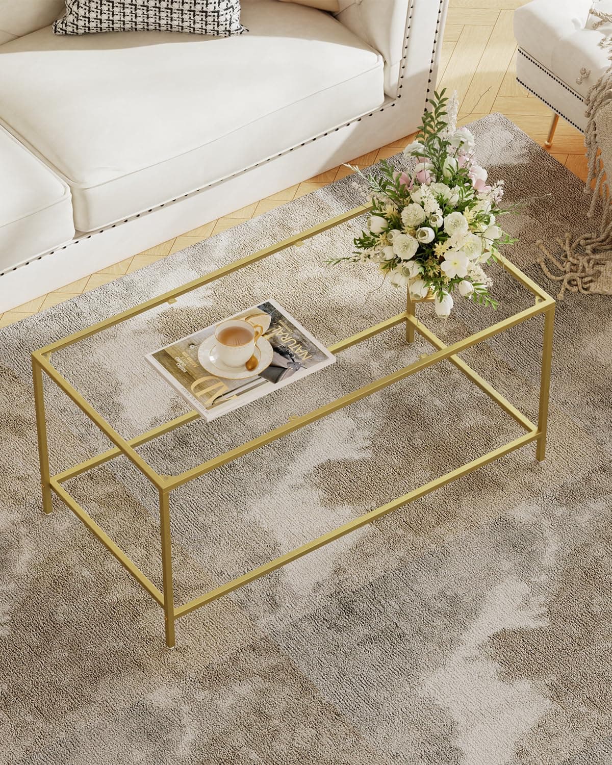 Glass Coffee Table, Modern Rectangular Gold Coffee Table for Living Room, Minimalist Center Tea Table with Sturdy Metal Frame for Small Space, Apartment, Office, Dining Room, Easy Assembly