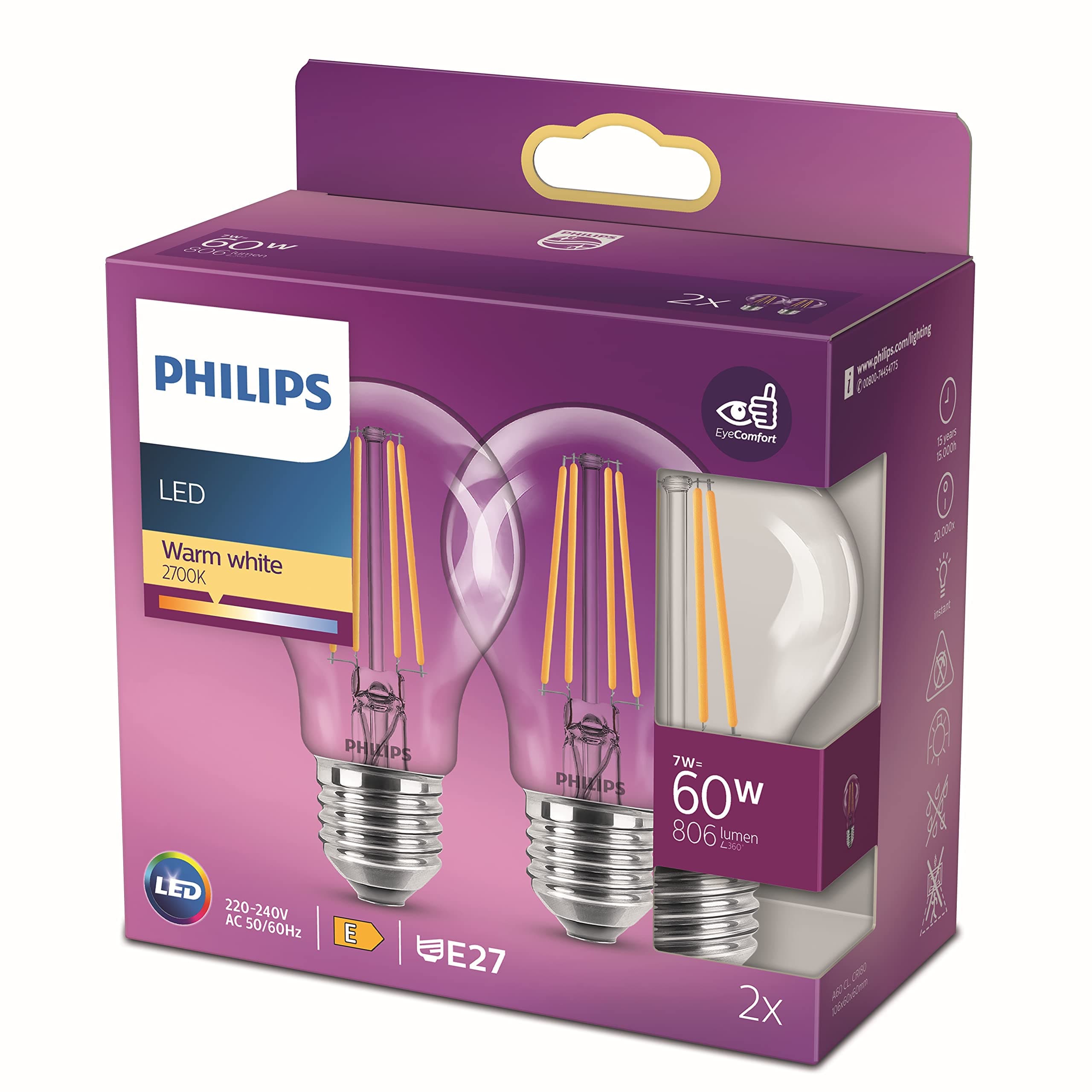 LED Classic A60 Light Bulb Set of 2 [E27 Edison Screw] 7W = 60W Equivalent, Warm White (2700K), Non Dimmable