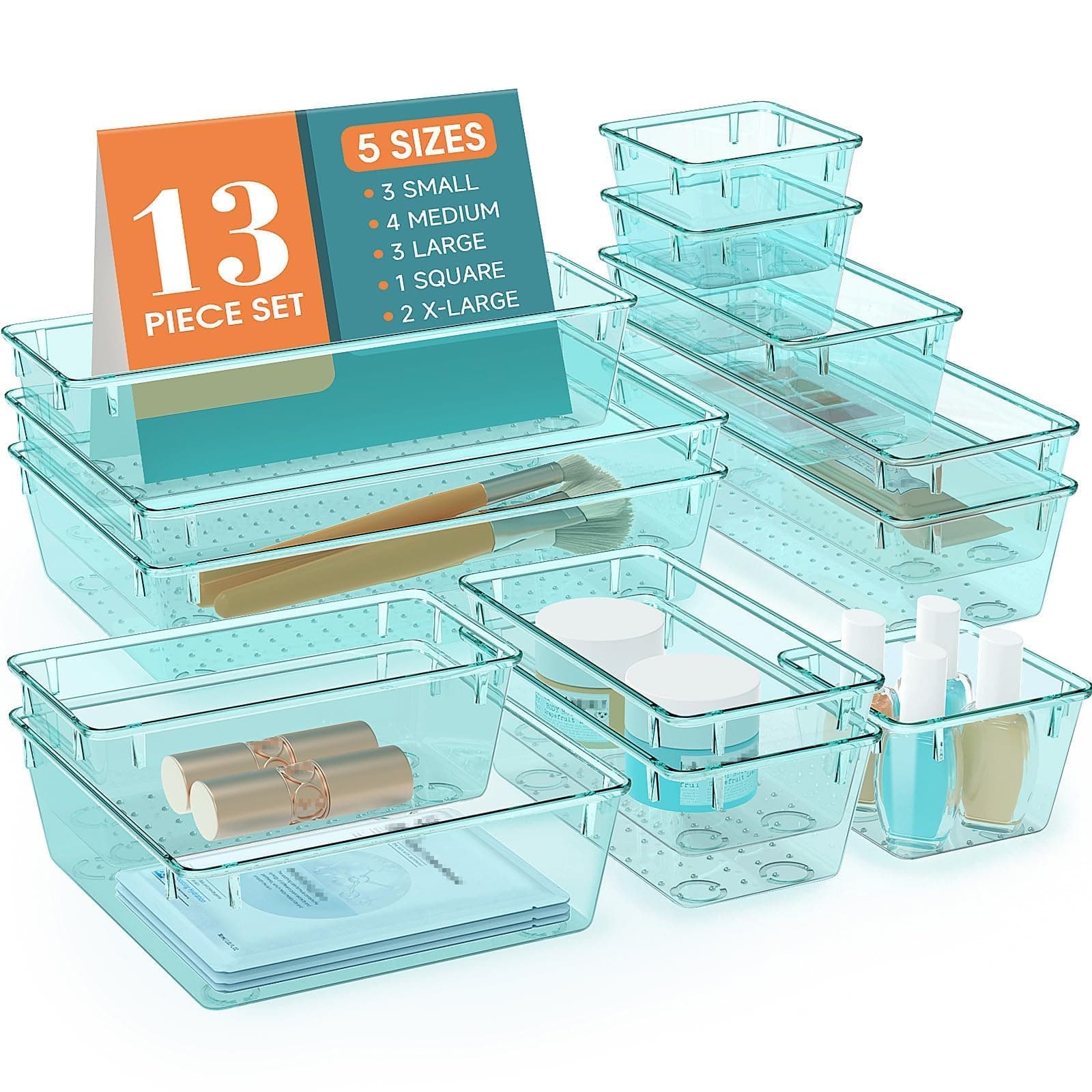 13 PCS Drawer Organizer Set, 5 Varied Size Bathroom and kitchen Drawer cabinet organizer Trays, Clear Storage Bins for Makeup, Jewelry, Utensils and Gadgets