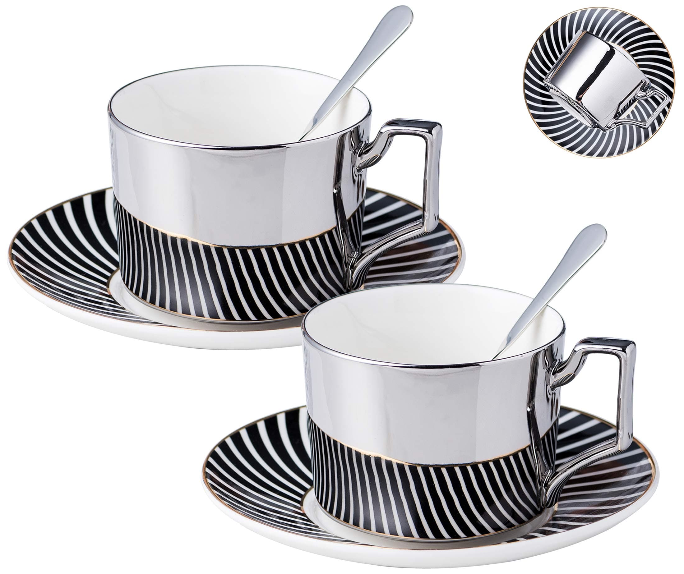 Jusalpha Mirror effect fine china Tea Cup/Coffee Cup With Spoon and Tray/Saucer, Set of 2 (TCS22)