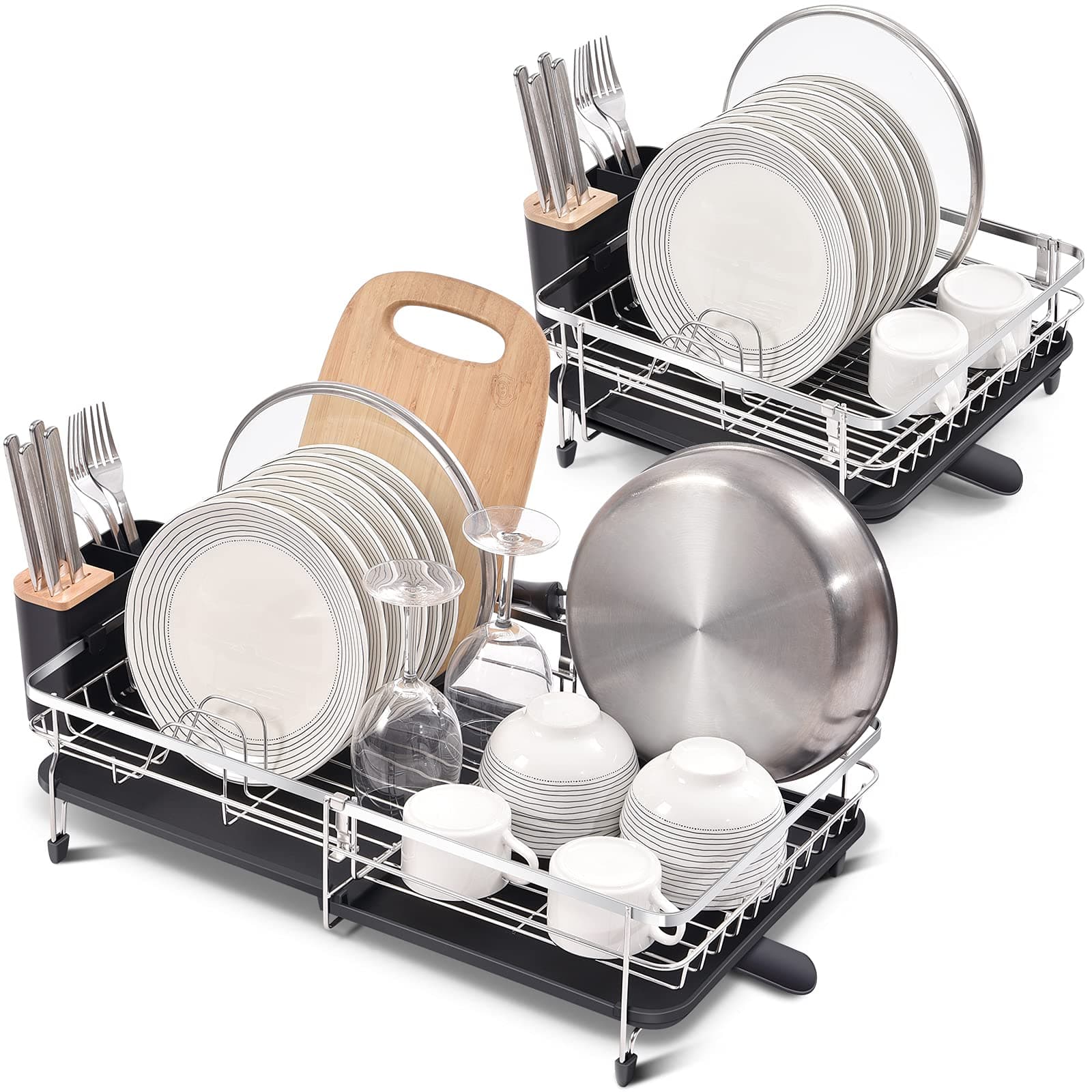 KINGRACK Expandable Dish Drying Rack, Adjustable Dish Drainer Basket, Rustproof 304 Stainless Steel Dish Dryer, Dish Rack with Removable Cutlery Holder, Swivel Drain, Pack of 1