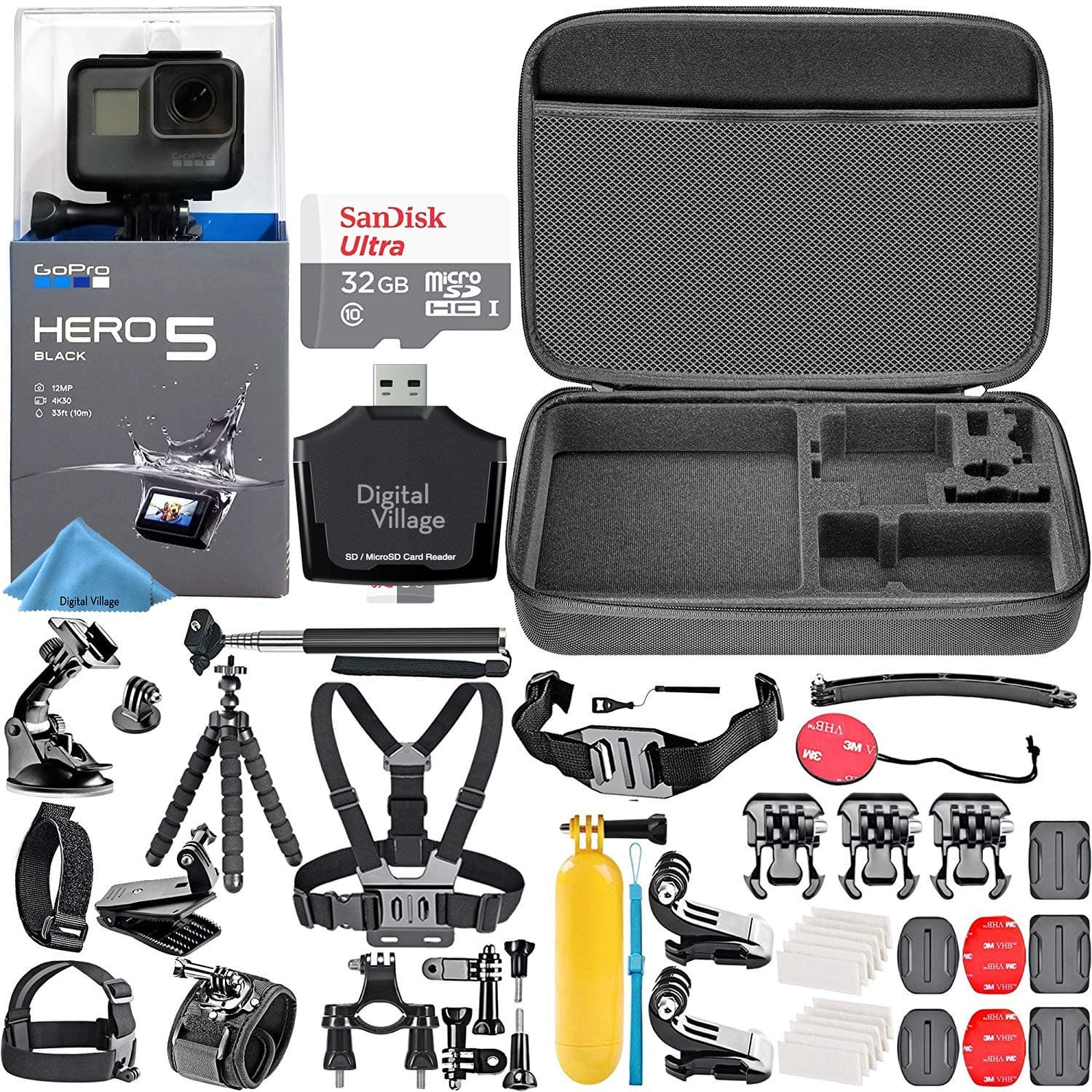 GoPro HERO5 Black (e-Commerce Packaging) + SanDisk Ultra 32GB Memory Card + Hard Case + Card Reader + Chest Strap Mount + Head Strap Mount + Flexible Tripod + Hero 5 Best Value Bundle