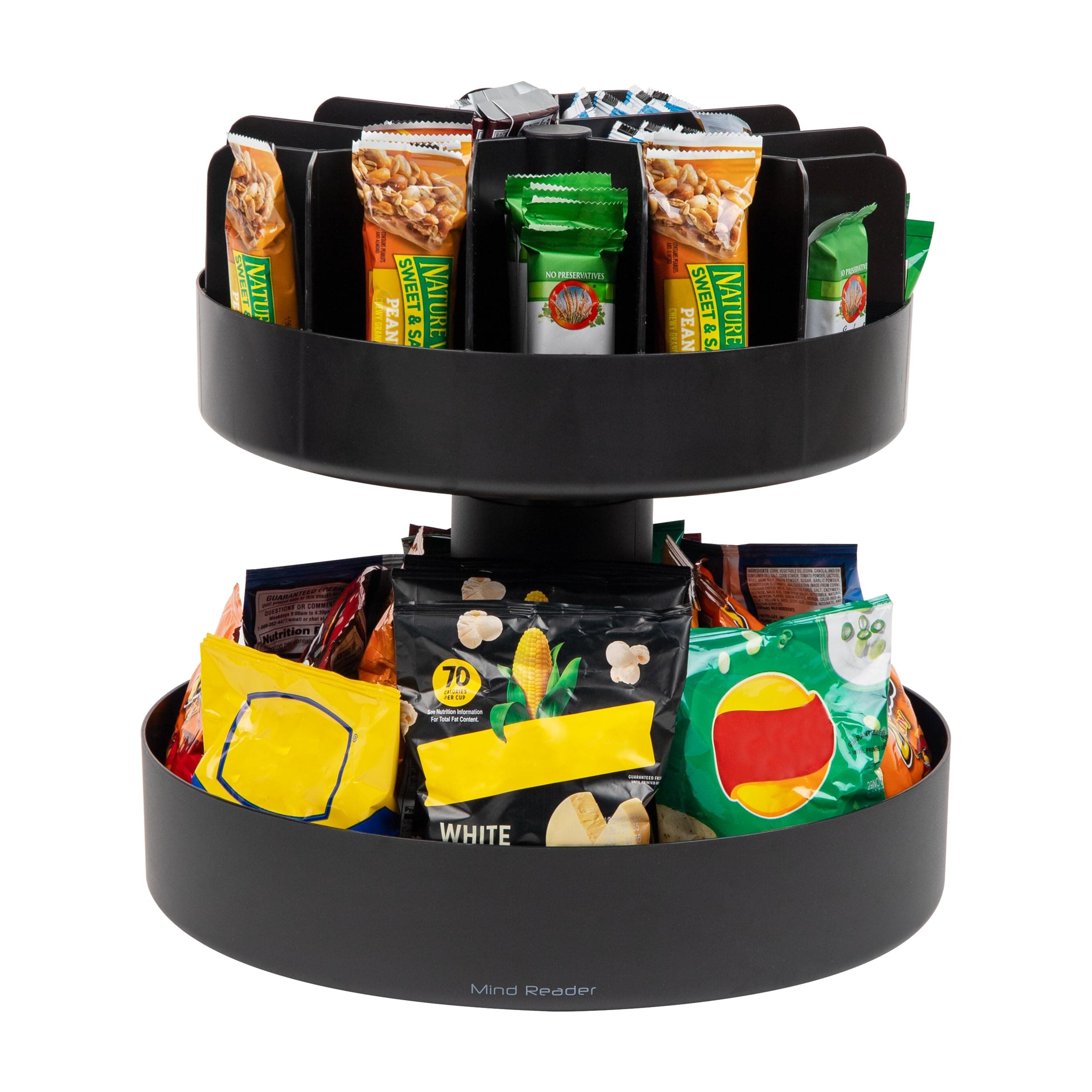 Mind Reader 2-Tier Snack Carousel, Countertop Organizer, Snack Tray, Breakroom, Kitchen, 14.25"L x 14.25"W x 14"H, Black