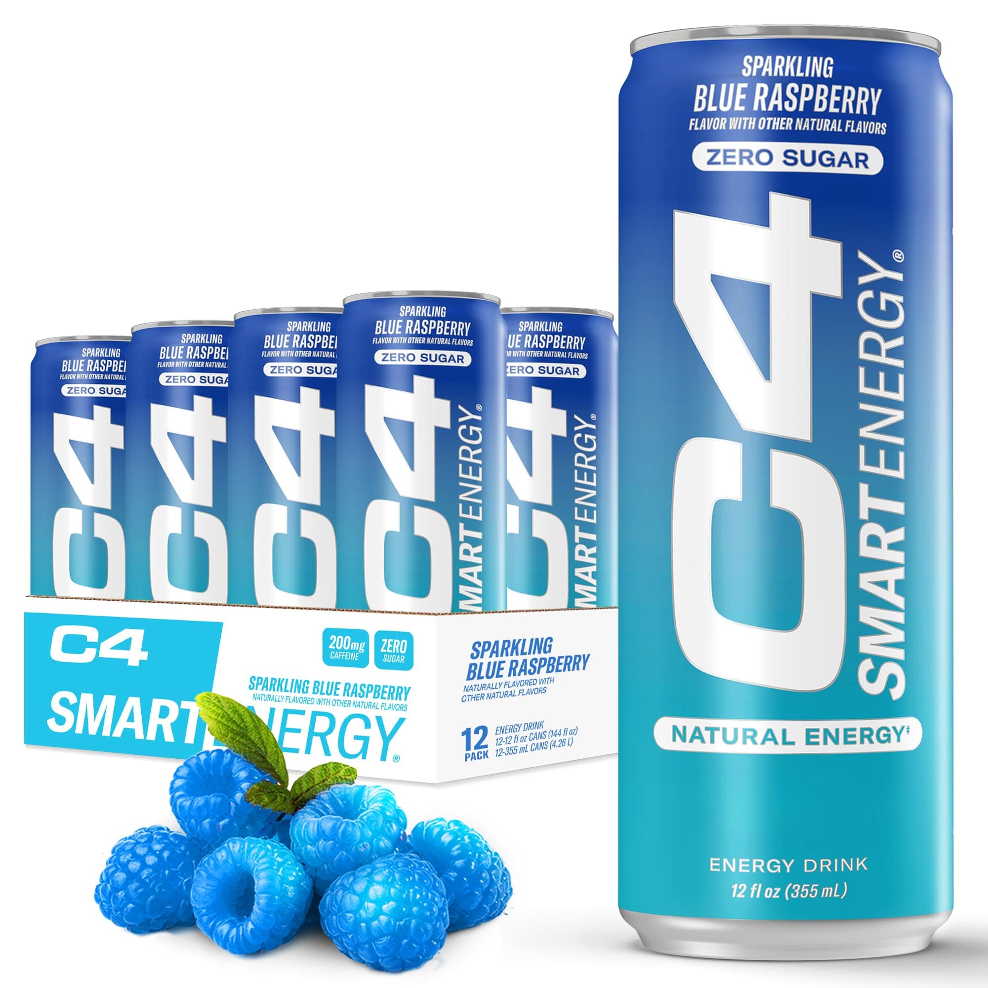 Cellucor C4 Smart Energy Drink – Boost Focus and Energy with Zero Sugar, Natural Energy, and Nootropics - 200mg Caffeine - Blue Raspberry - 12 FL OZ (355 ml) - Pack of 12