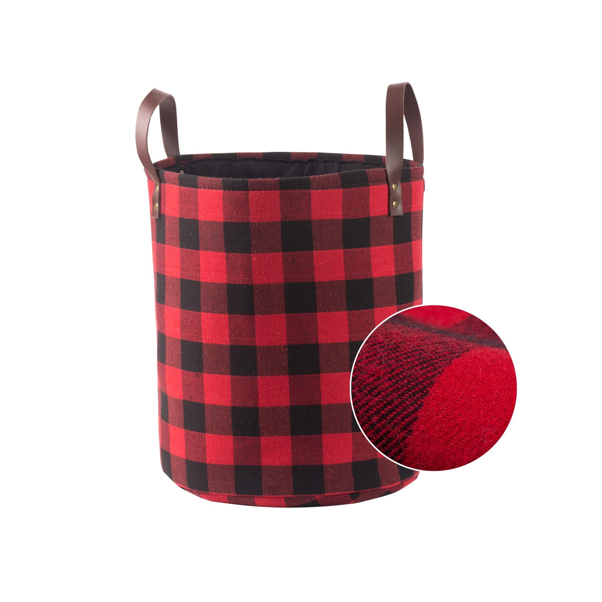 Collapsible Decorative Storage Basket or Bin with Leather Handles, Woolen Fabric Foldable Tote Bags, Home Organizer Solution for Bedroom, Closet, Toys, Laundry (Medium Round-11" X 13"), Red Black Grid