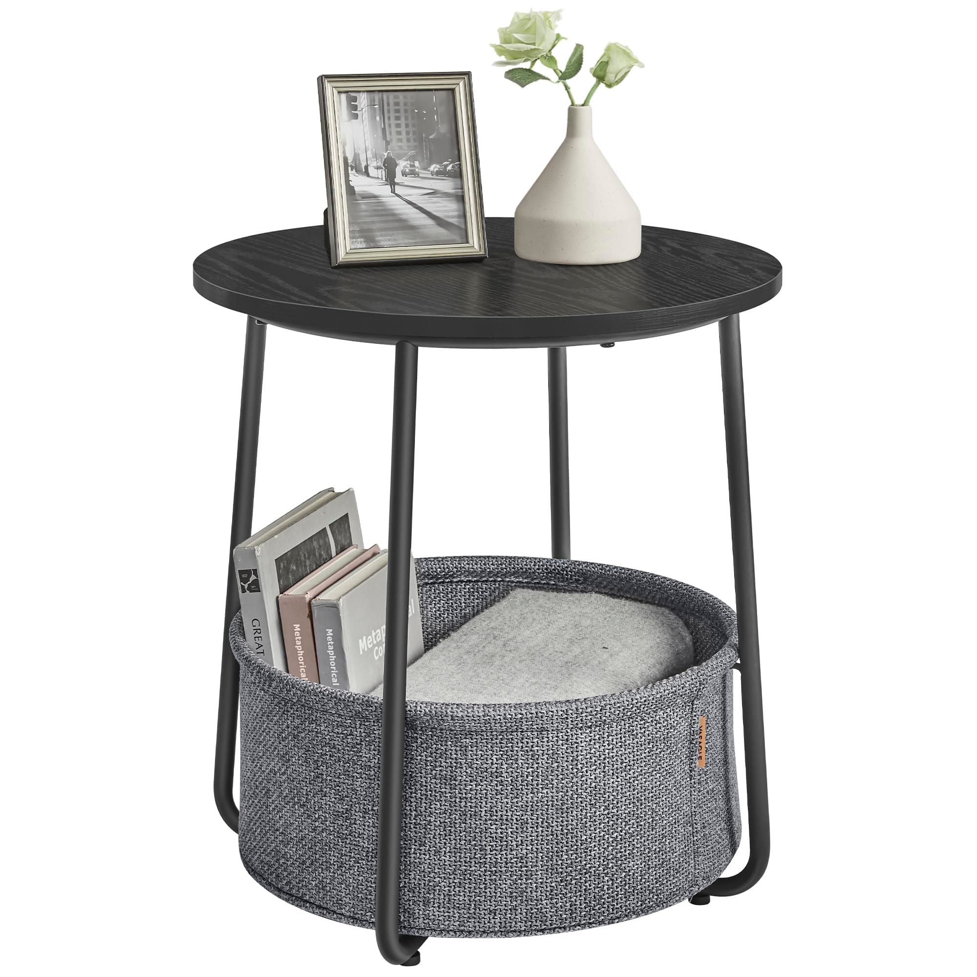 VASAGLE LILEA Collection - Small Round Side End Table, Modern Nightstand with Fabric Basket, Ebony Black and Slate Gray ULET223B01