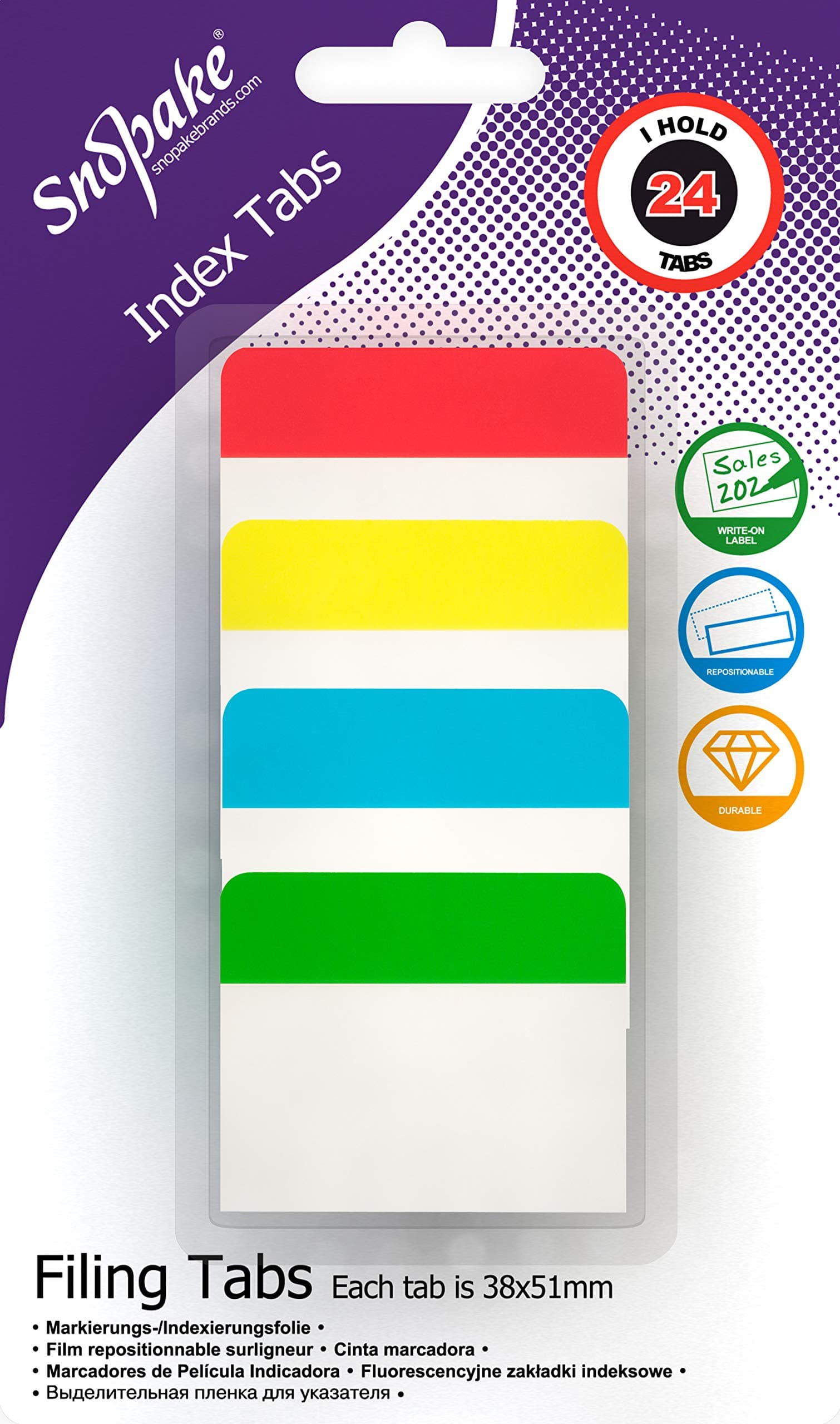 Snopake Extra Thick Repositionable Filing Index Tabs 38x51mm – 24 Tabs [Assorted/Semi-Transparent] 15883