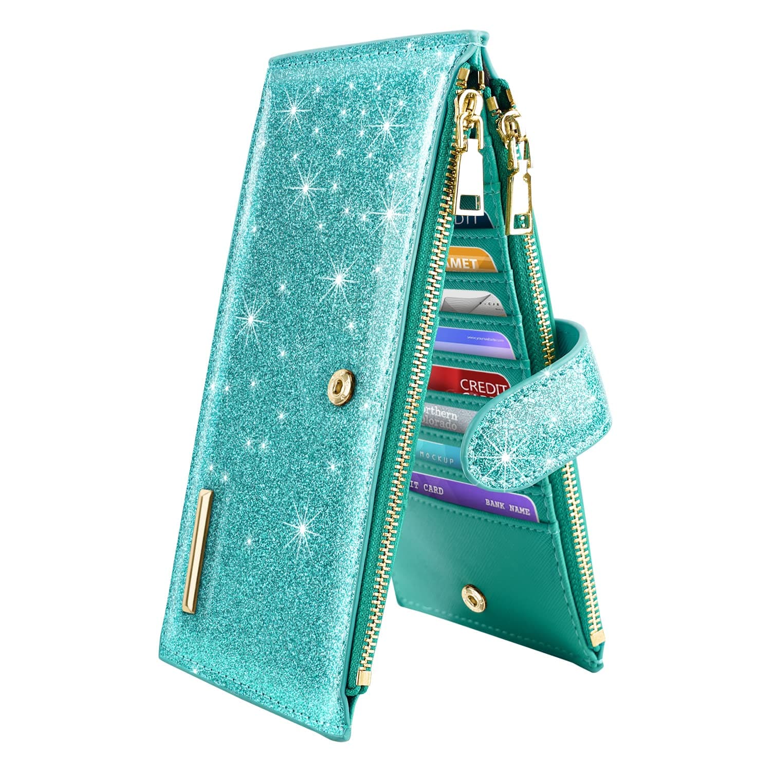 Coco Rossi Womens RFID Blocking Glitter Leather Multi Card Organizer Bifold Black Wallet with Zipper Pocket,Tiffany Glitter