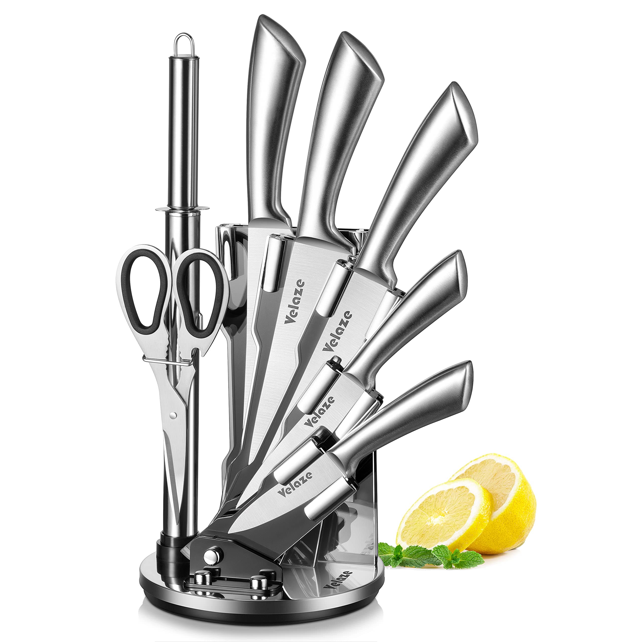 Velaze 8 Pcs Stainless Steel Kitchen Knife Sets with Sharpener and Spinning Block - Silver