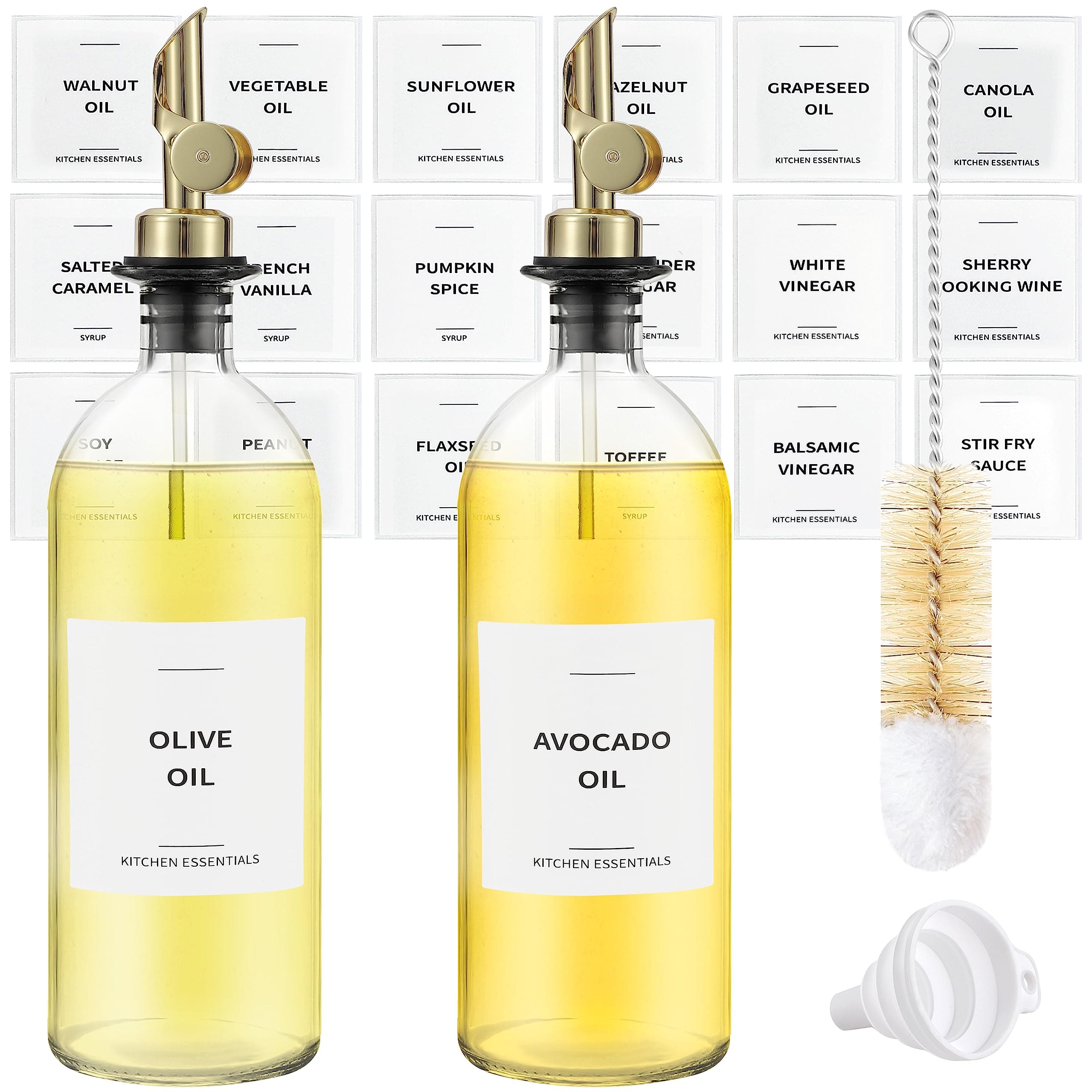 Olive Oil Dispenser Bottle - Includes 55 Kitchen Essential Labels - Cooking Oil Bottles for Kitchen, Coffee Syrup Dispenser - Pourer Spout with 16.9 fl oz Glass Container Cruet - 2pcs, Gold