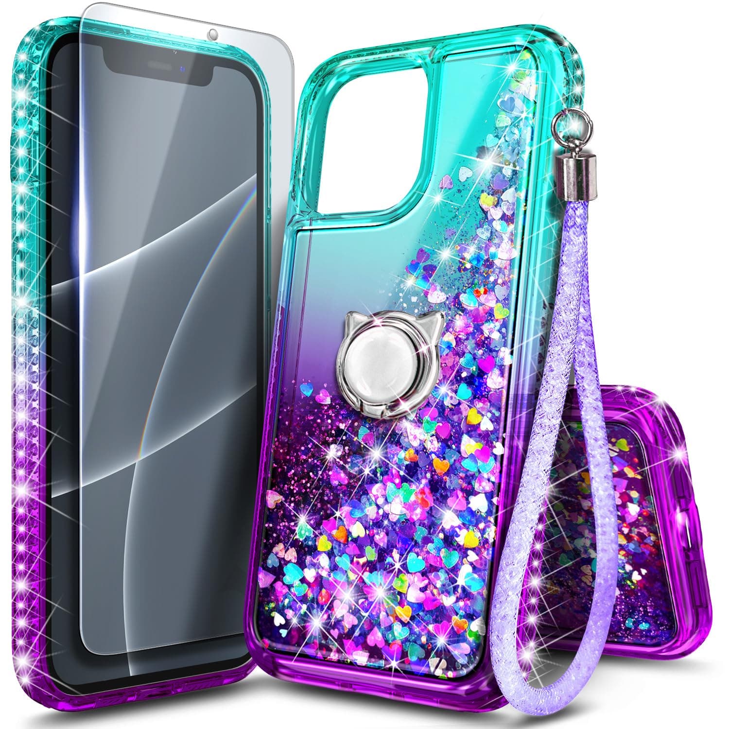 NGB Designed for iPhone 12 Pro-Max Case, Aqua/Purple | Glitter Liquid Sparkle Cute Cover for Women Girls Kids | with Tempered Glass Screen Protector & Ring Holder & Wrist Strap