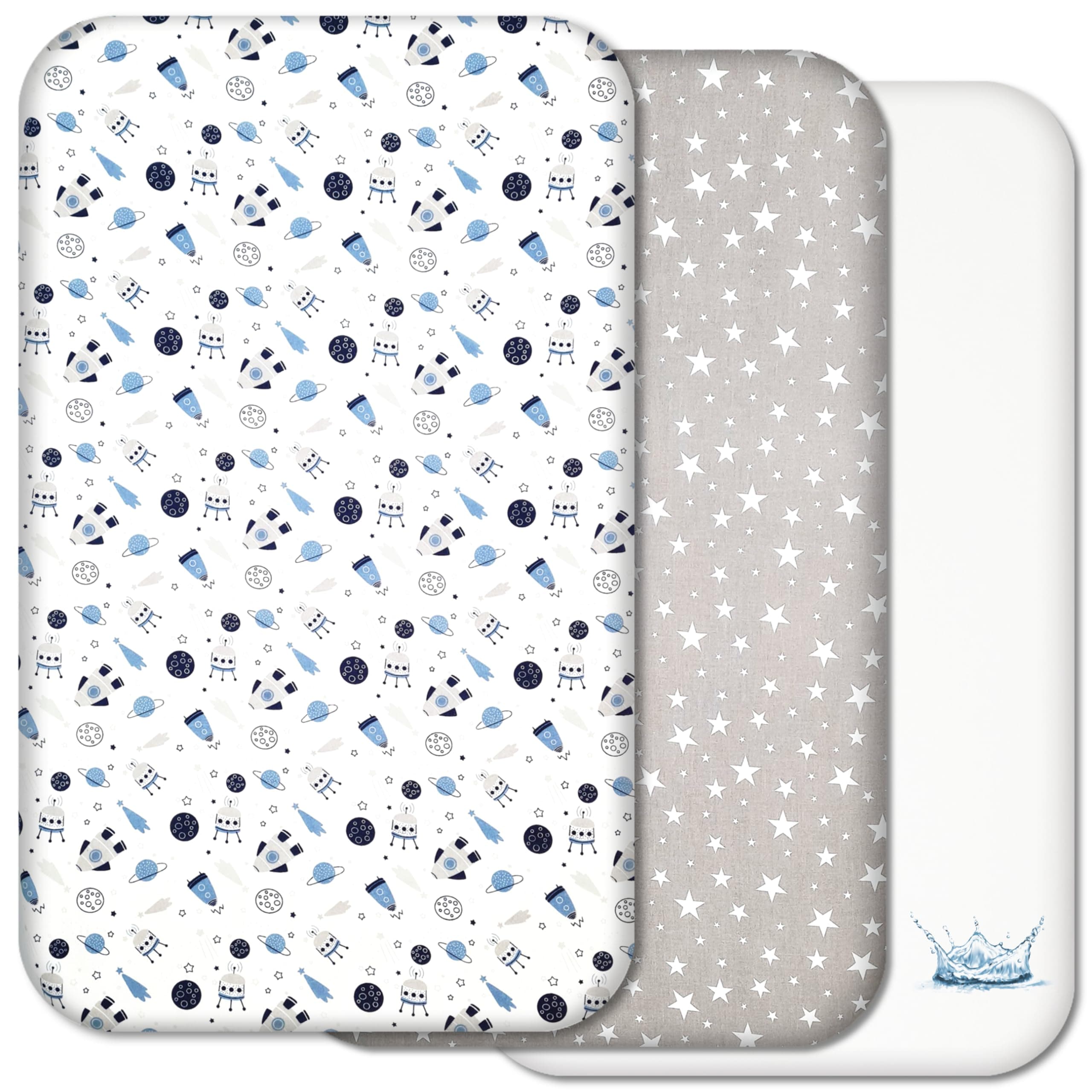 Next to Me Crib Sheets - 3pc Crib Fitted Sheet Set - 2 Fitted Cotton Sheets and 1 Waterproof Mattress Protector for Bedside Cribs - 100% Organic Cotton - Made in Europe (Planets&Stars, 83x50cm)