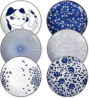 Selamica 8 Inch Ceramic Dessert Plates, Appetizer Plates for Serving Snacks Pasta, Microwave Dishwasher Safe, Set of 6, Blue