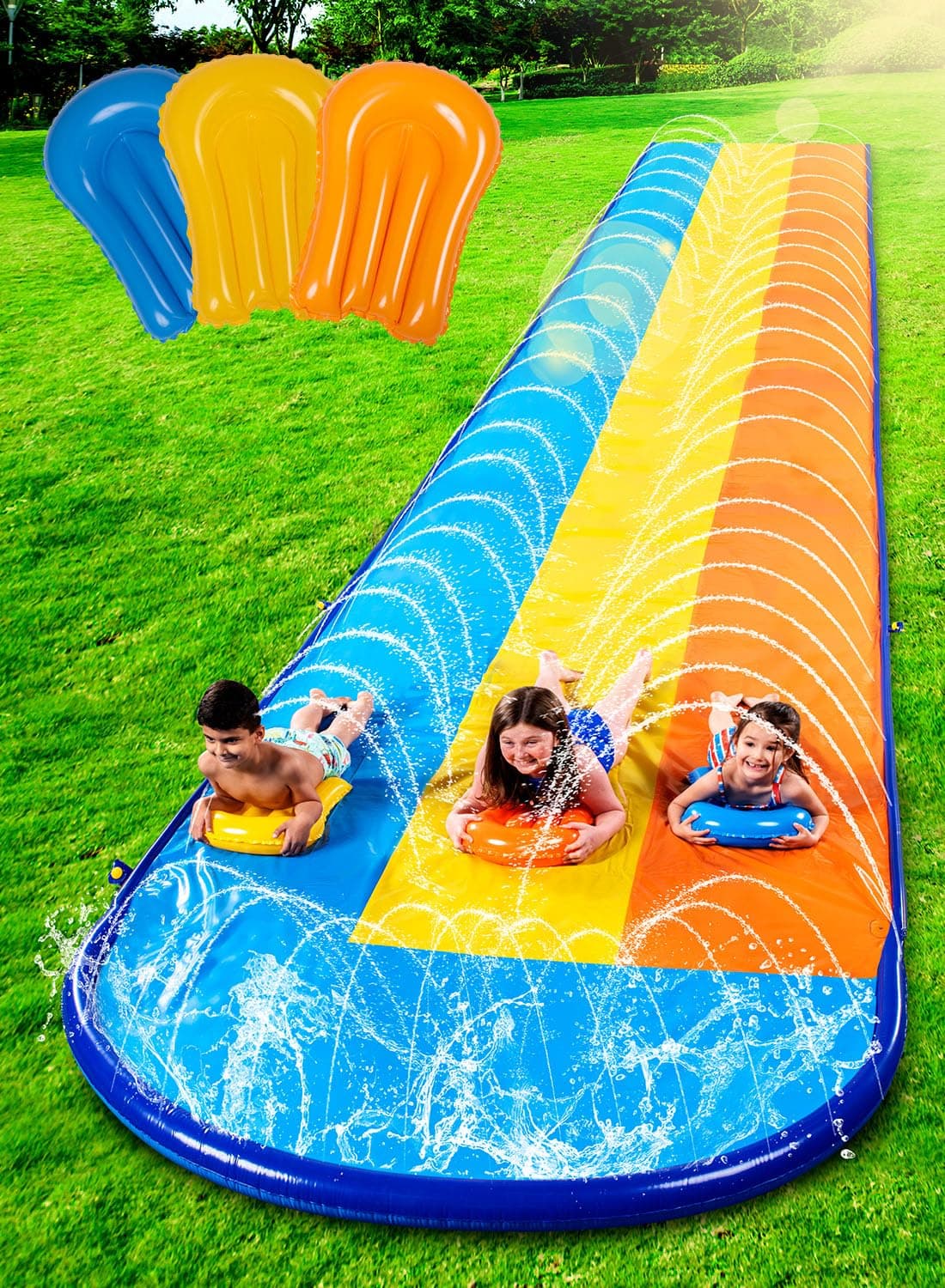 Sloosh 18 ft/548 cm Three-Track Slide with 3 Bodyboards, Lawn Water Slide with Sprinkler for Children and Adults, Outdoor Water Toy for Summer Fun