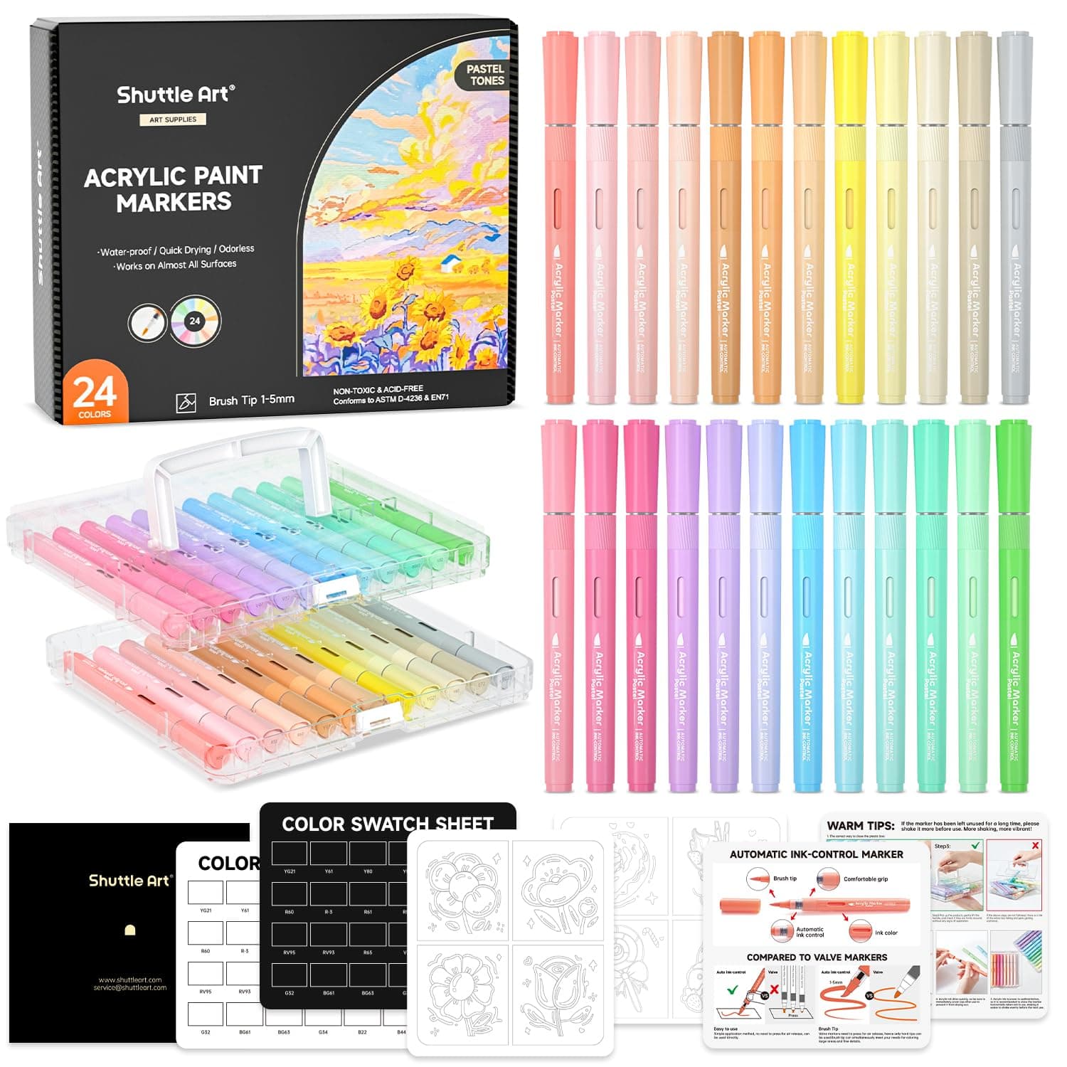 Shuttle Art Automatic Ink Control Acrylic Paint Markers, 24 Pastel Colors Brush Tip Acrylic Paint Pens for Rock Painting, Ceramic, Wood, Canvas, Glass, Stone, Fabric, Card Making, DIY & Art Supplies