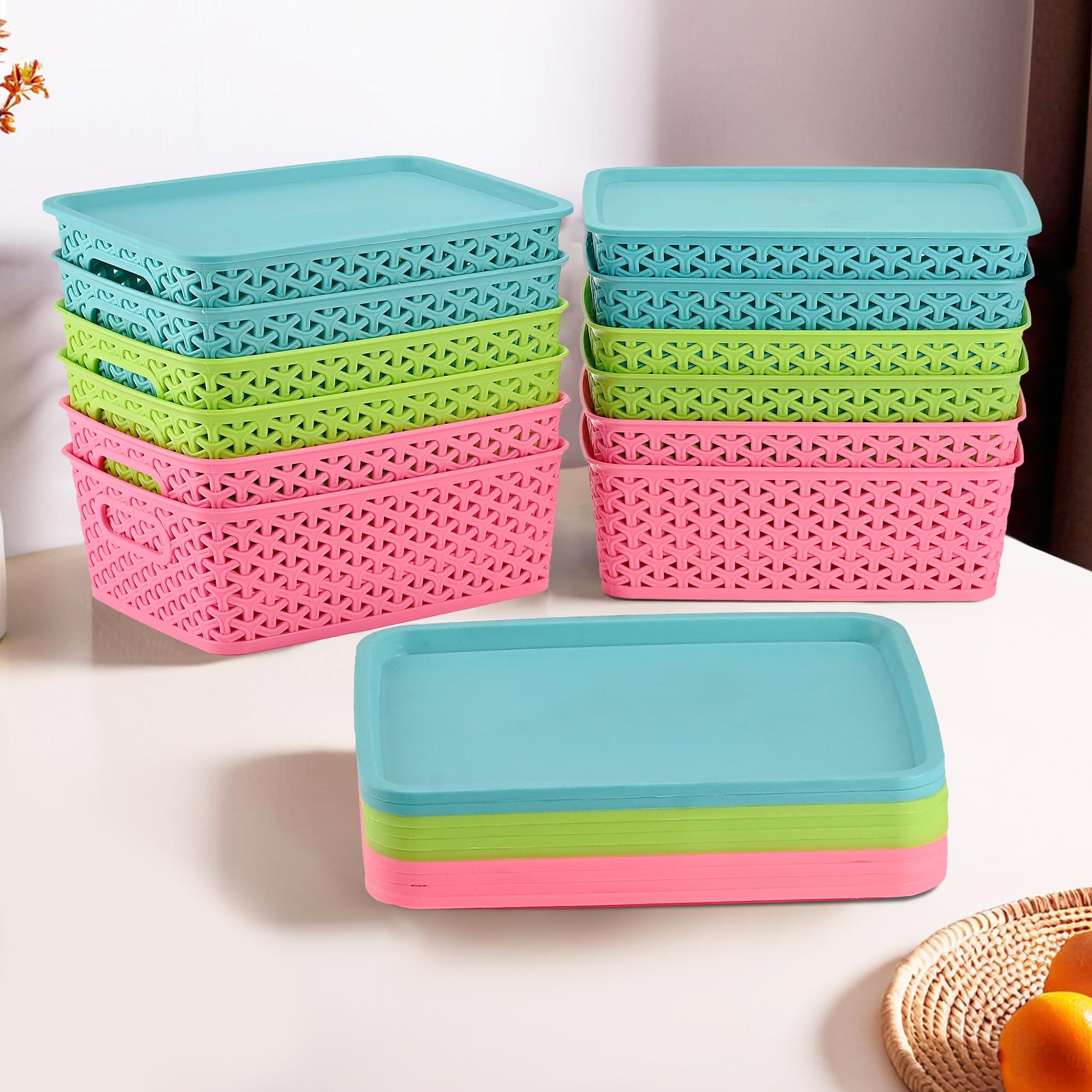 Kuber Industries 12 Pcs Stackable Plastic Storage Box with Lid | H5 Multi-Purpose Basket for Storage - Ideal Home Organizers for Baby Dress, Stationary, Medicine & Pooja Items | Multicolor