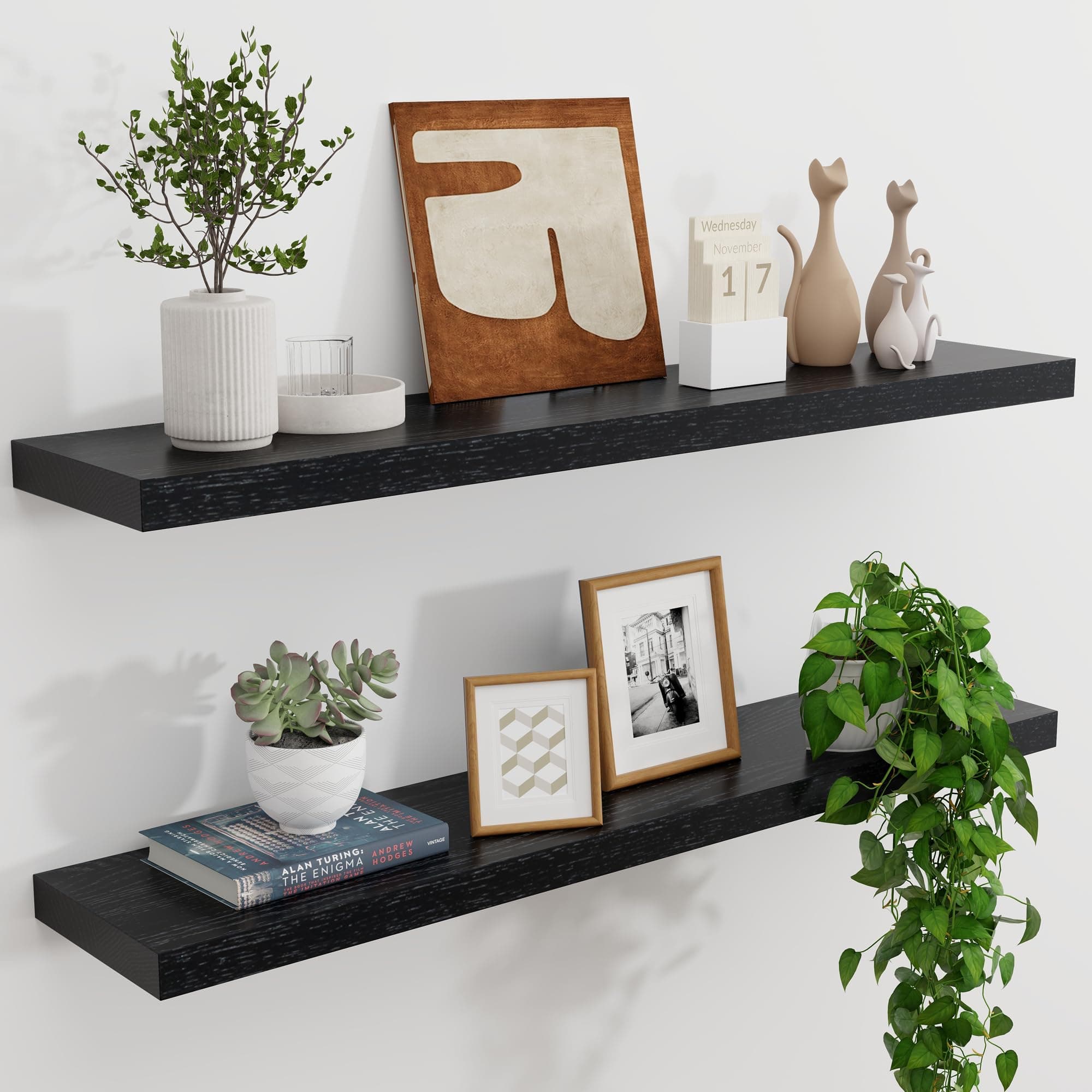 Solid Oak Floating Shelves - Set of 2, 36" Wide x 8" Deep Wall Mounted Rustic Wooden Display Shelf for Bathroom Bedroom Kitchen Garage with Heavy-Duty Bracket - Black Finish