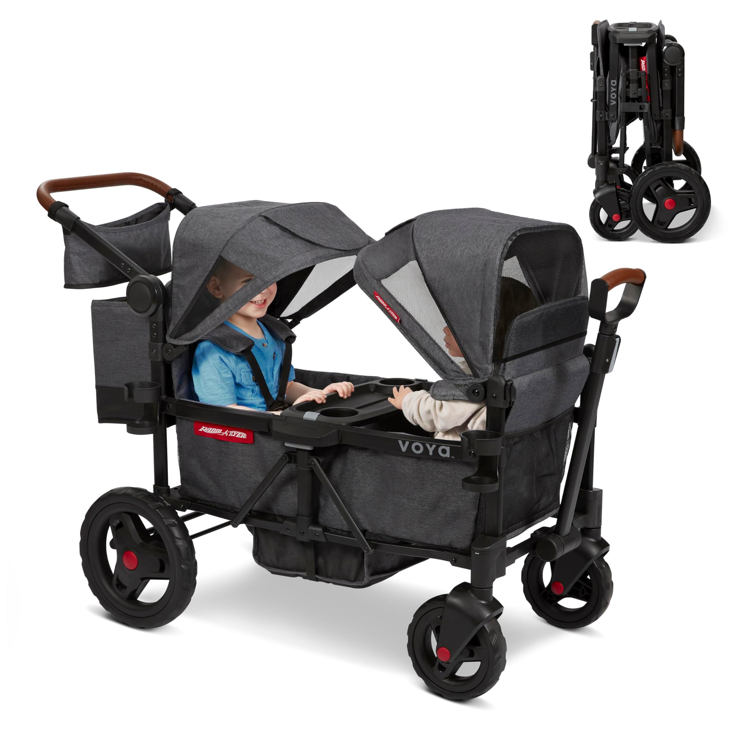 Radio Flyer Voya Stroller Wagon, Double Stroller, 2 High Face-to-Face Seats, Adjustable UV-Protection Canopy, Snack Tray, Gray
