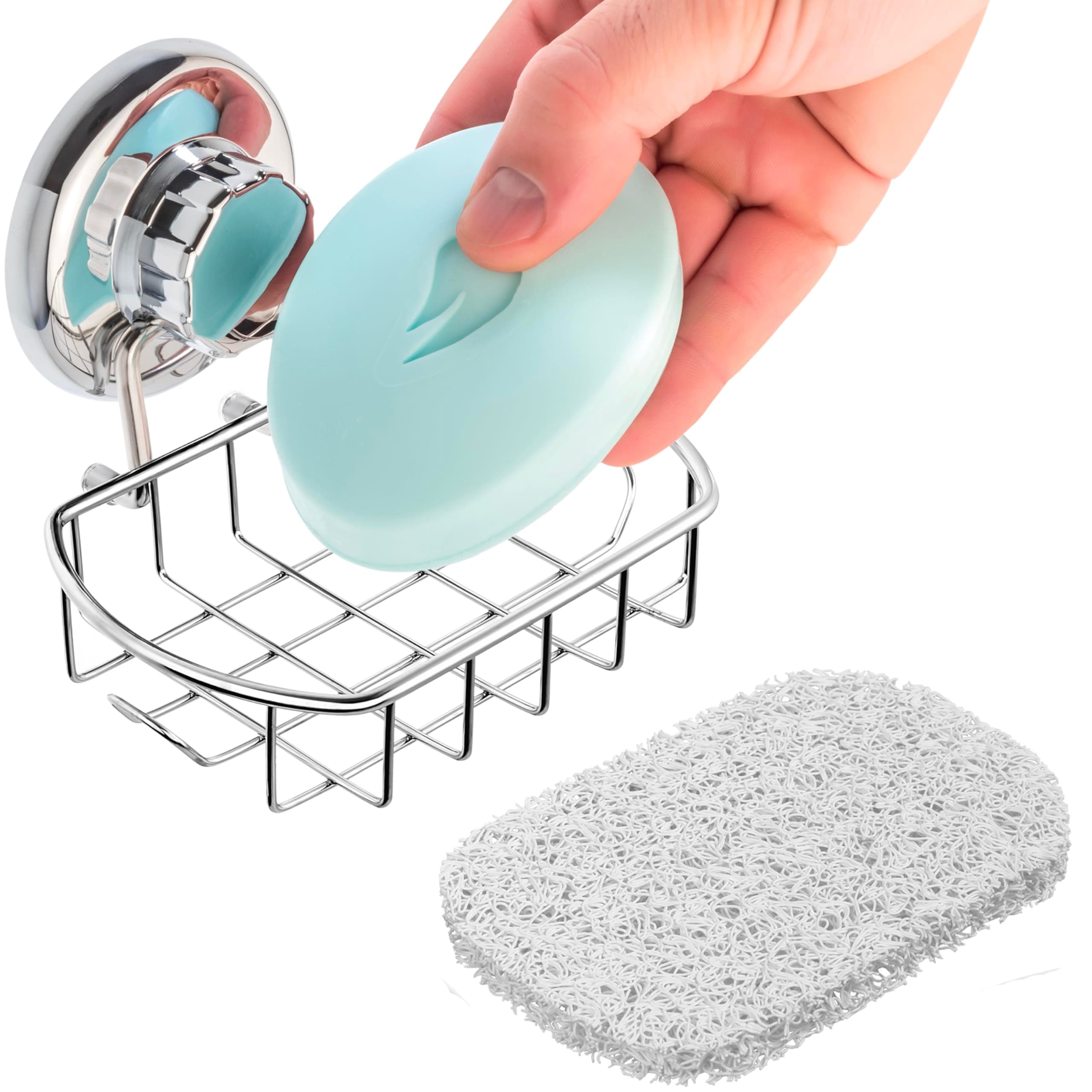 HASKO Suction Soap Dish with Hooks | Powerful Vacuum Suction Cup Soap Holder | Soap Basket Holder for Bathroom & Kitchen (Polished Stainless Steel SS304)