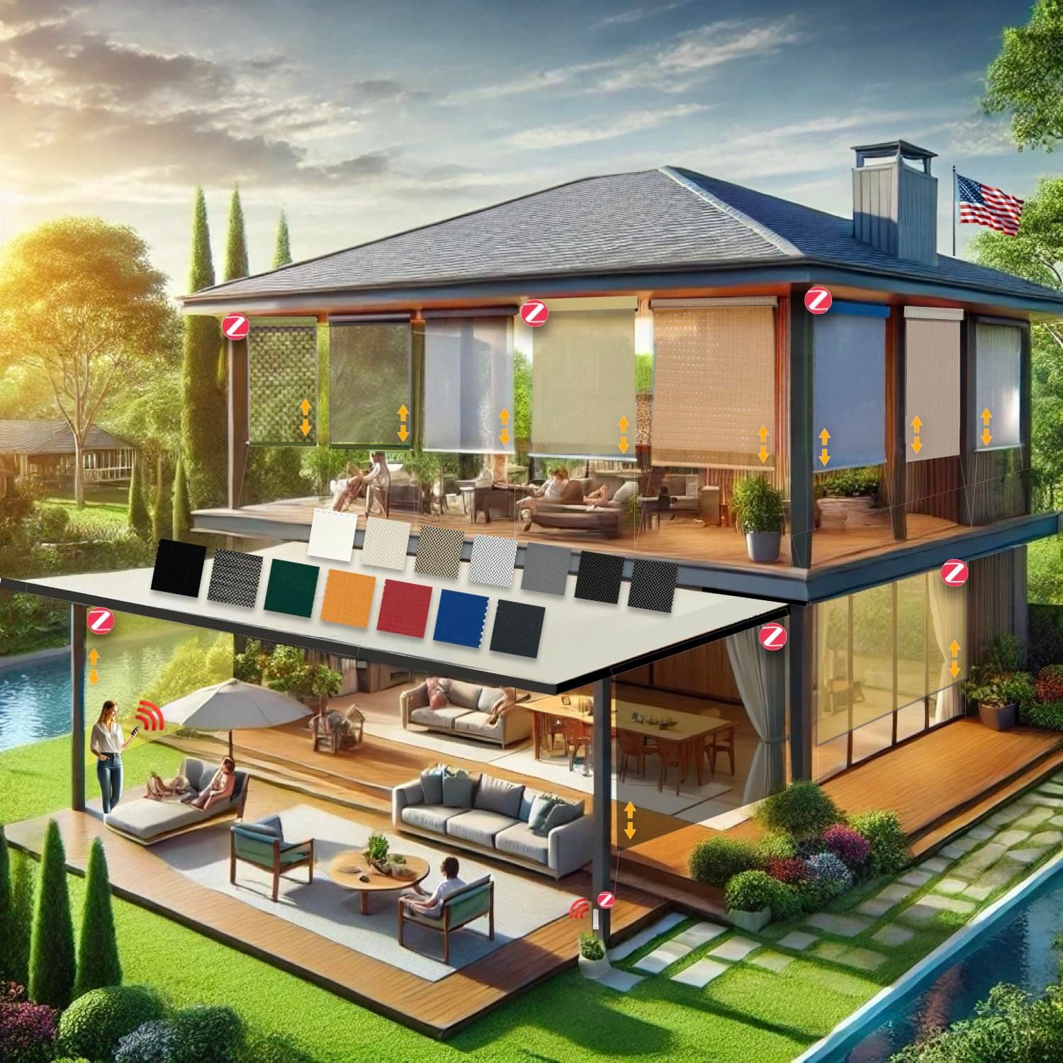 HIALDUO Customized Roller Shade Blinds with Remote-Controlled Motorized Operation, (Outdoor Design Fabric)