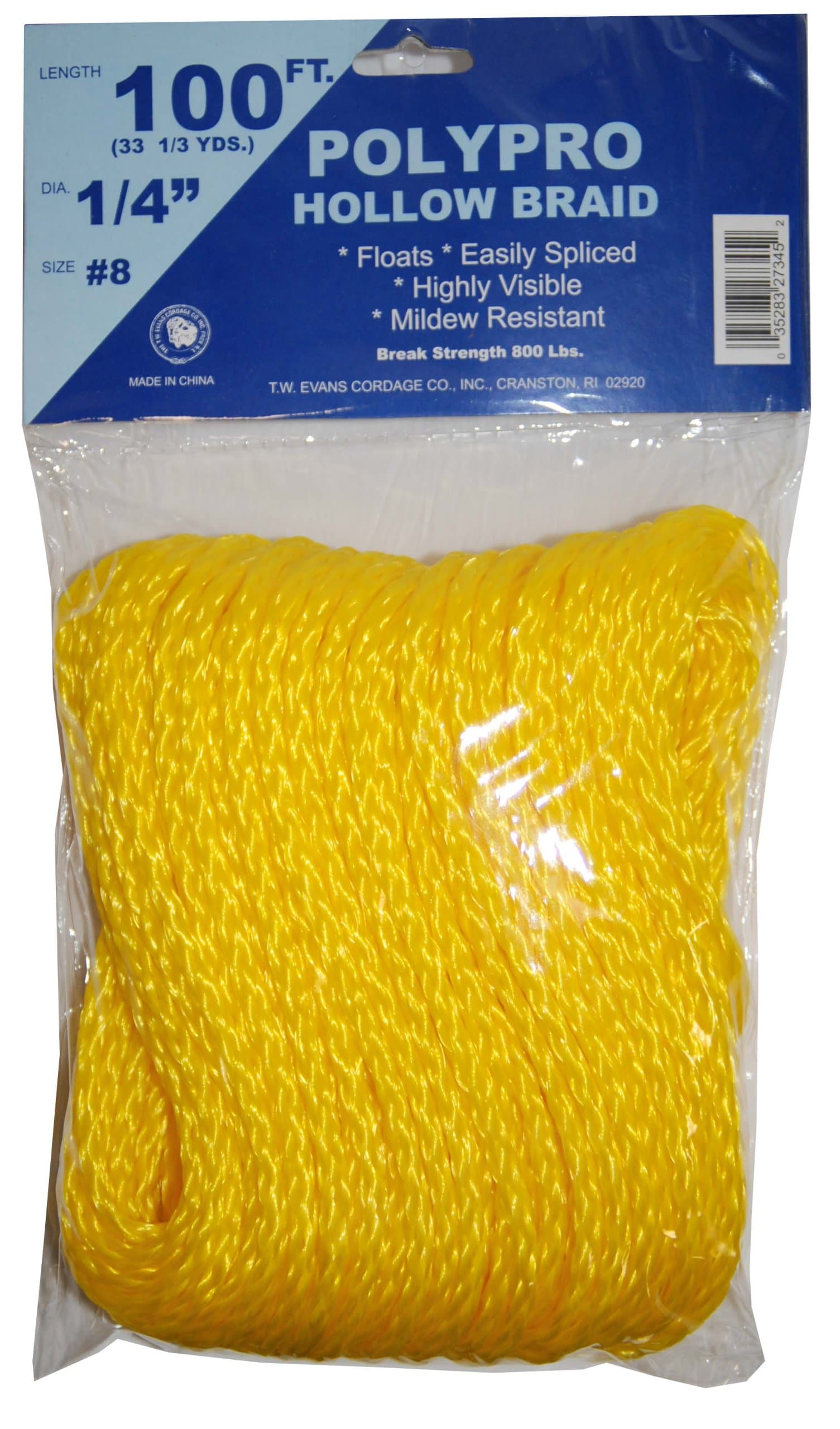 1/4-Inch by 100-Feet Hollow Braid Polypro Rope, Yellow