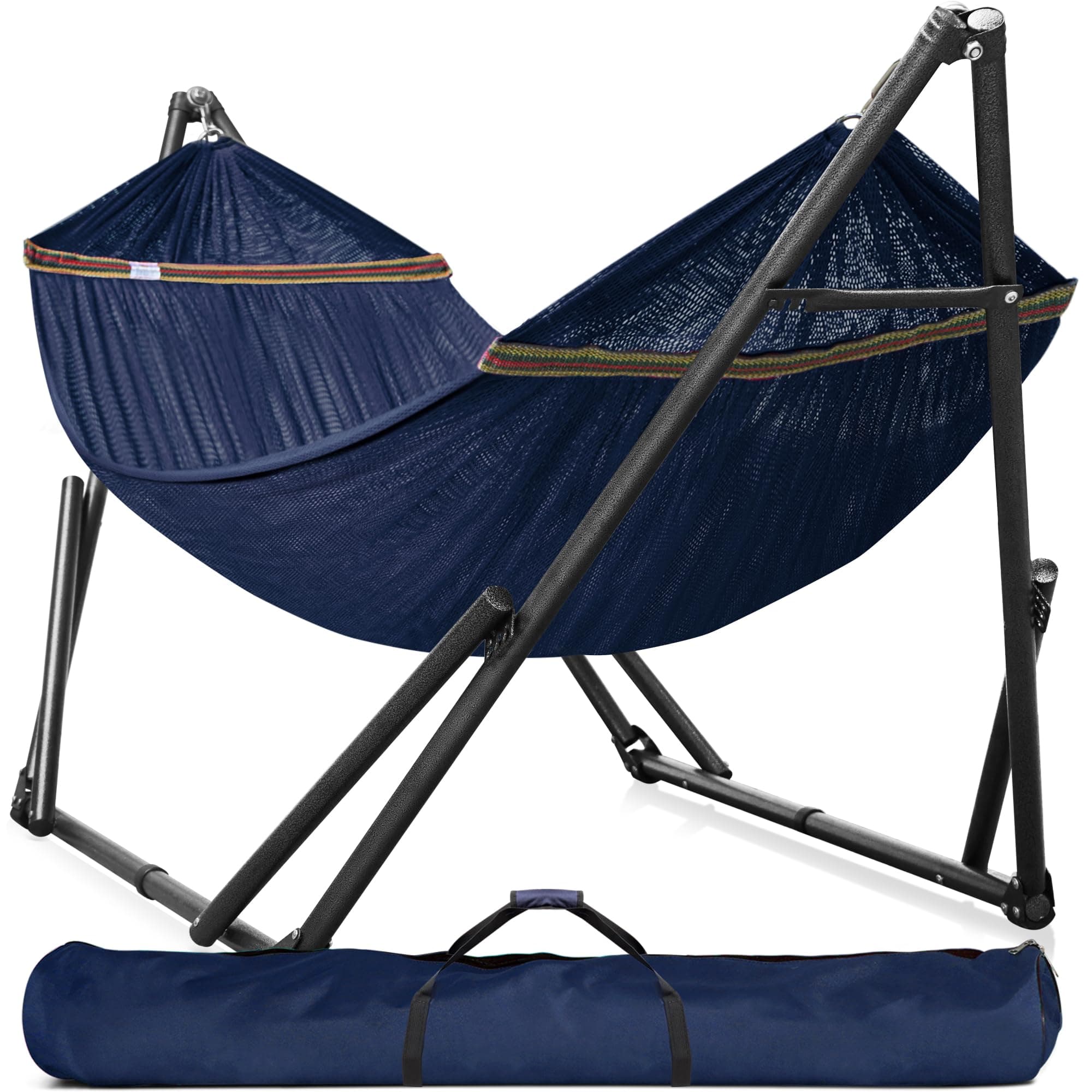 Tranquillo Universal Double Hammock with Stand Included for 2 Persons/Foldable Hammock Stand 600 lbs Capacity Portable Case - Inhouse, Outdoor, Camping, Aegean
