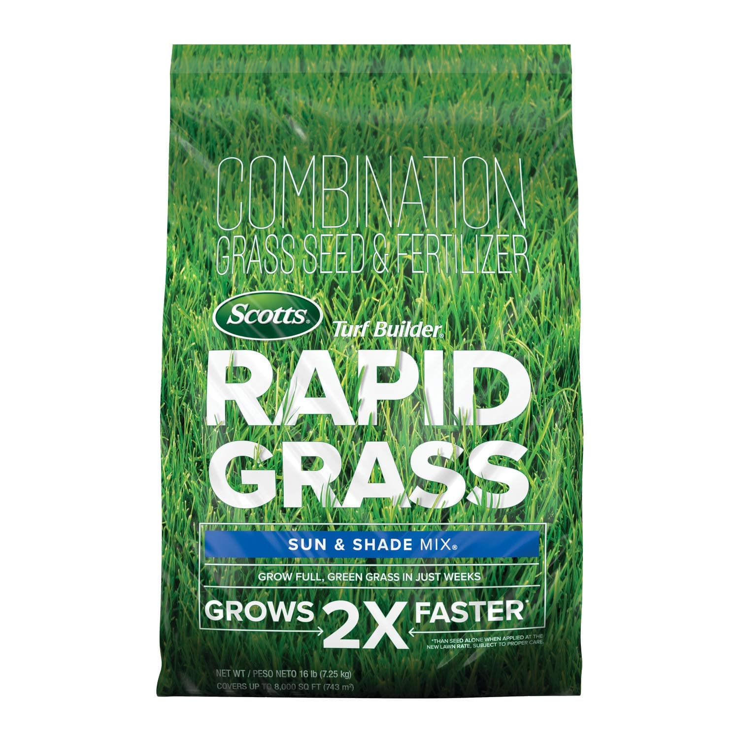 Turf Builder Rapid Grass Sun & Shade Mix, Combination Seed and Fertilizer, Grows Green Grass in Just Weeks, 16 lbs.