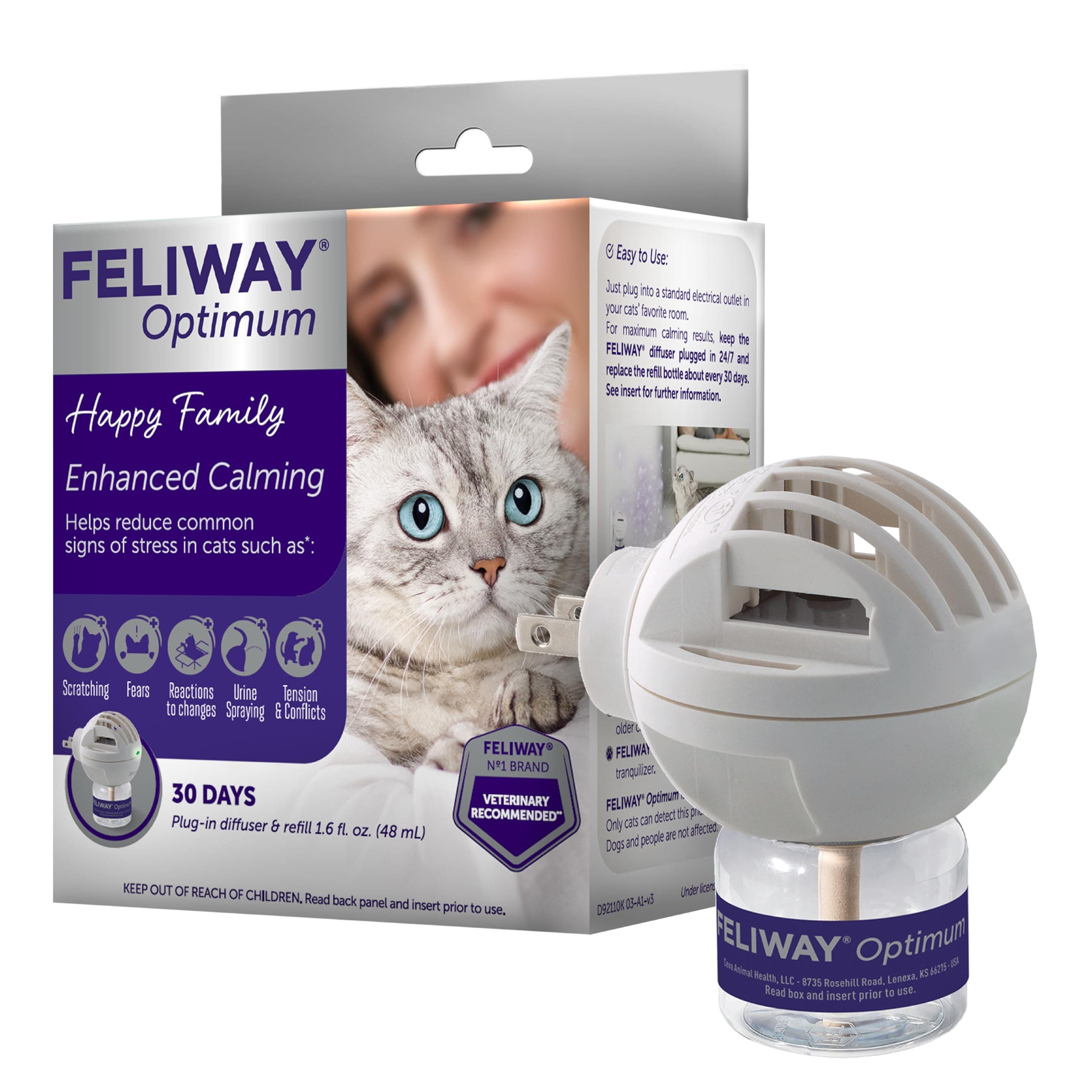 FELIWAY Optimum Cat Calming Pheromone Diffuser 30-Day Starter Kit (48mL) Translucent