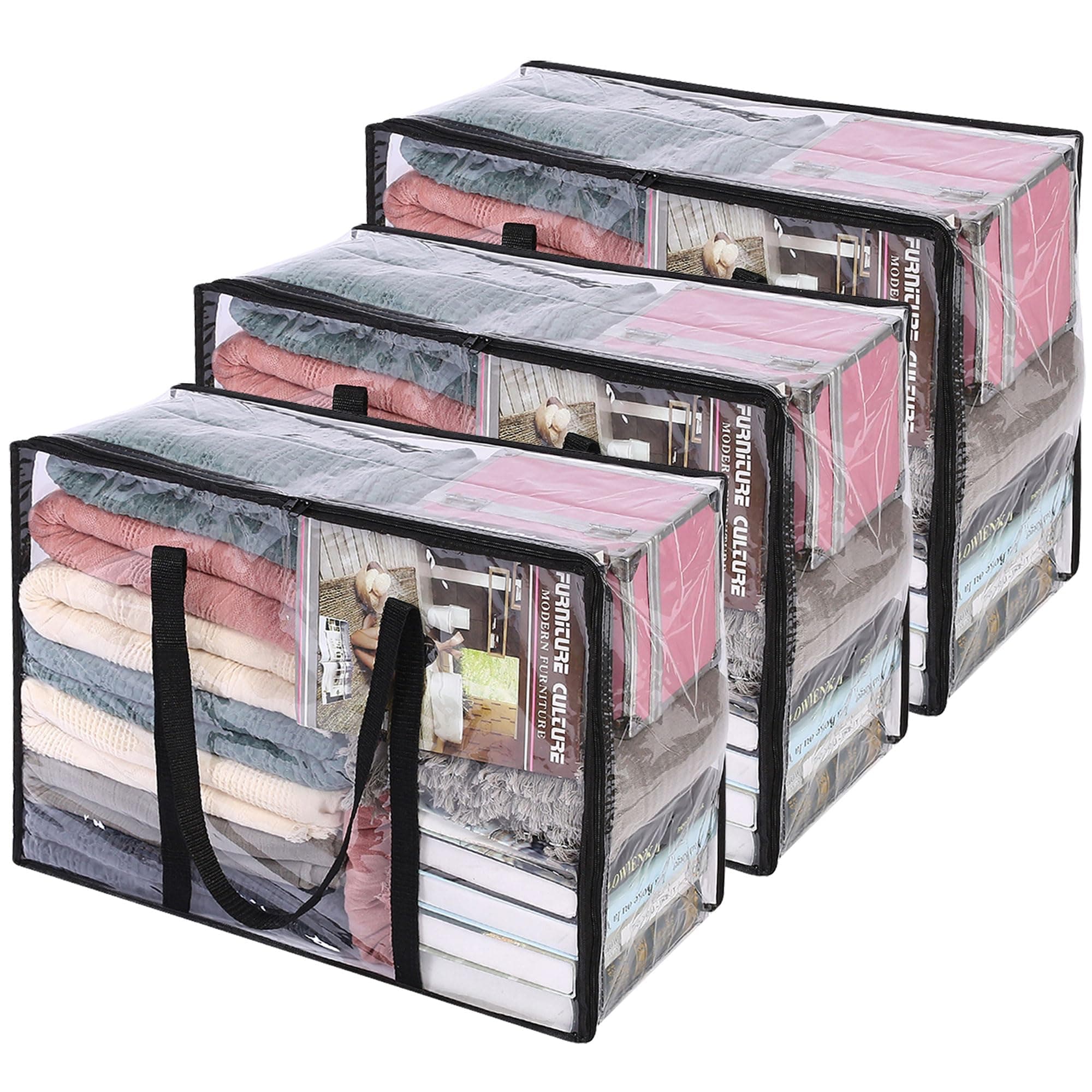 3 Pack Clear Comforter Storage Bag, 40L Clothes Storage Bag with Zipper Closet Organizer, Plastic Storage Containers Moving bags for Comforter, Blanket, Bedding, Duvet, Toys