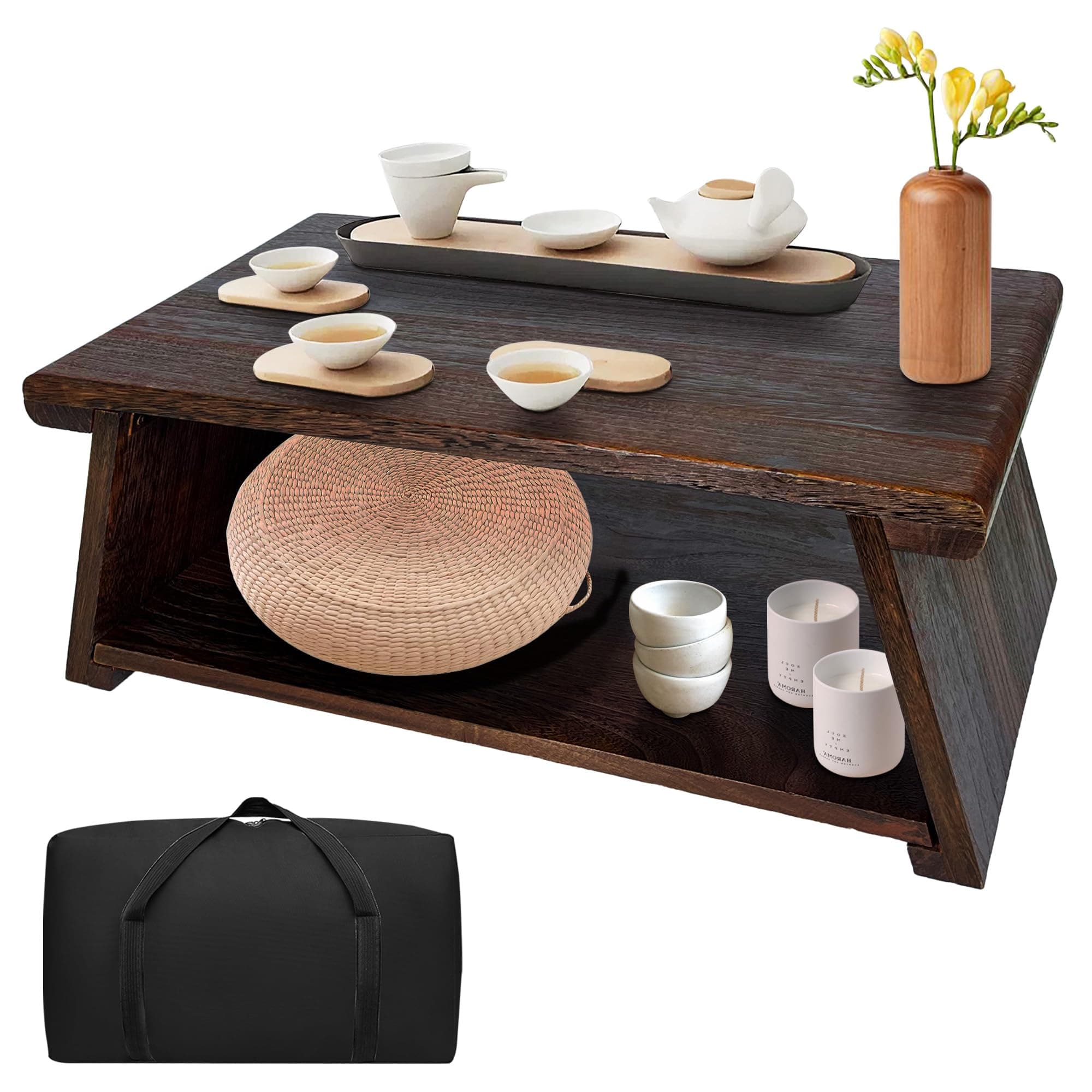 koretech Floor Table, Altar Table Paulownia Folding Design, Low Meditation Table for Sitting on The Floor Japanese Table Tatami Table (Walnut Color)