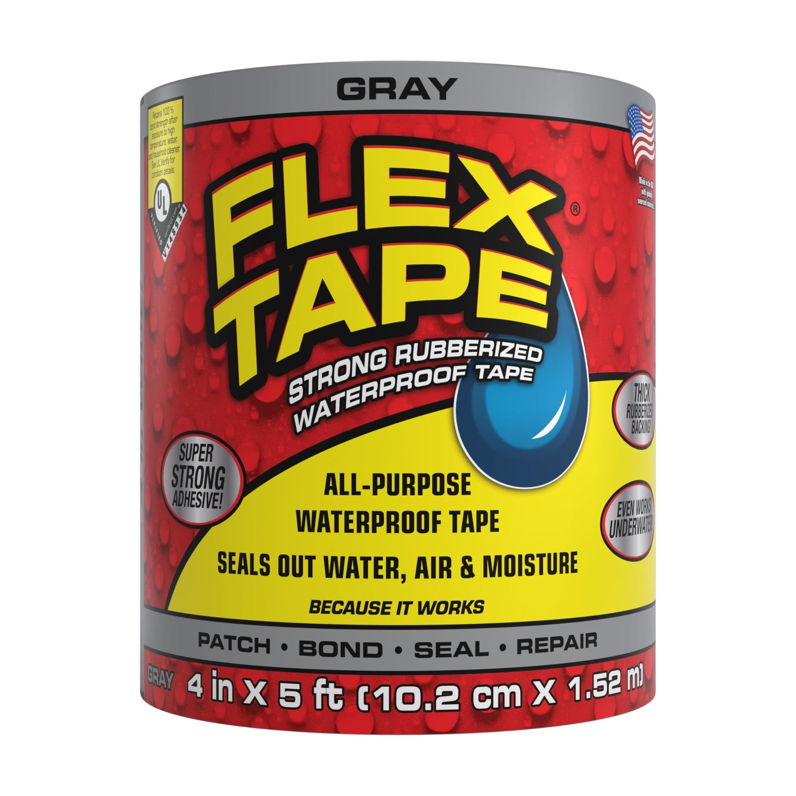 Flex Tape Rubberized Waterproof Tape, 4" x 5', Gray