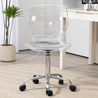 Acrylic Clear Desk Chair, Modern Small Cute Armless Vanity Rolling Plastic Chair Home Office Lucite Ghost Curved Chairs Padded with Sliver Legs and Adjustable Height, Clear